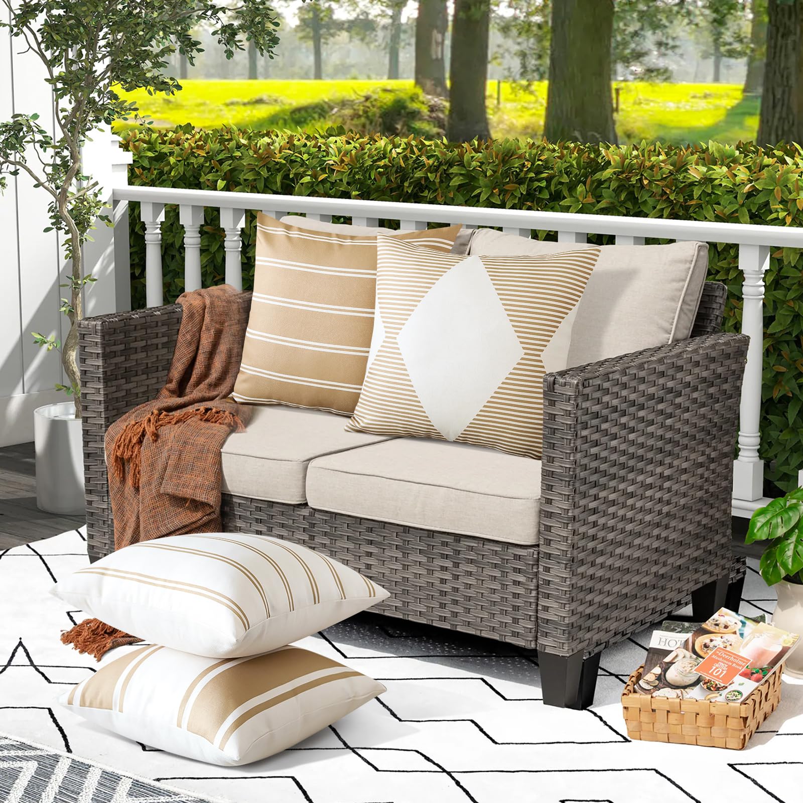 Otostar Decorative Outdoor Throw Pillow Covers 16X16 Inch Waterproof Geometry Pillow Cover Garden Cushion Case Patio Outdoor Pillows Shell For Couch Indoor Tent Park Furniture Set Of 4 (Light Coffee)