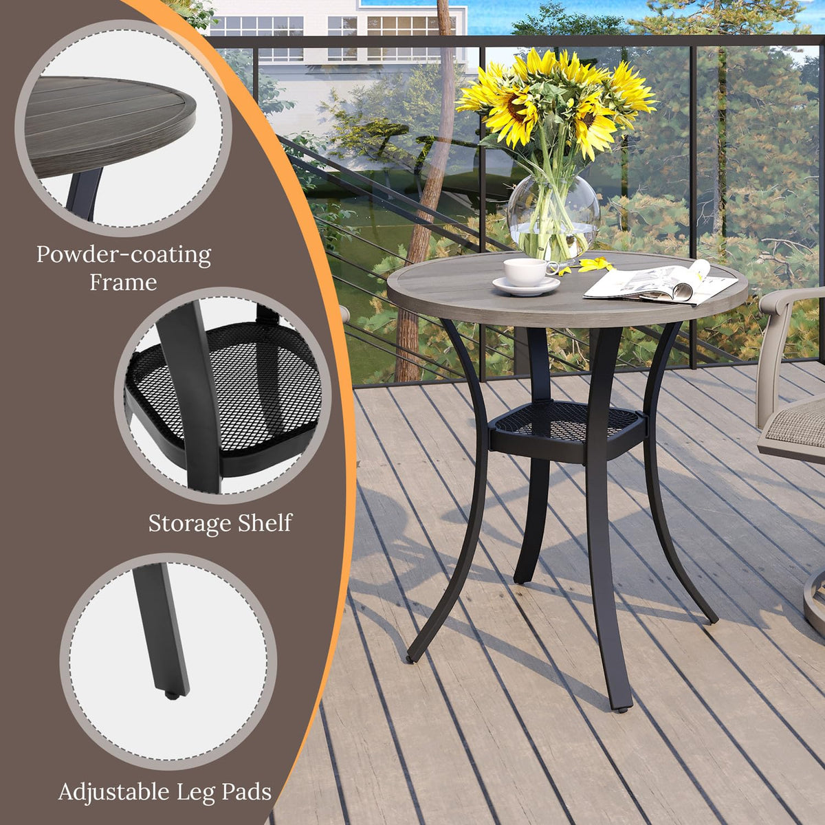Vicllax 27.5' Outdoor Round Patio Table For Lawn Garden, All Weather Metal Round Patio Dining Table With Storage Shelf, 2 Person Small Patio Table, Grey Wood-Like Tabletop