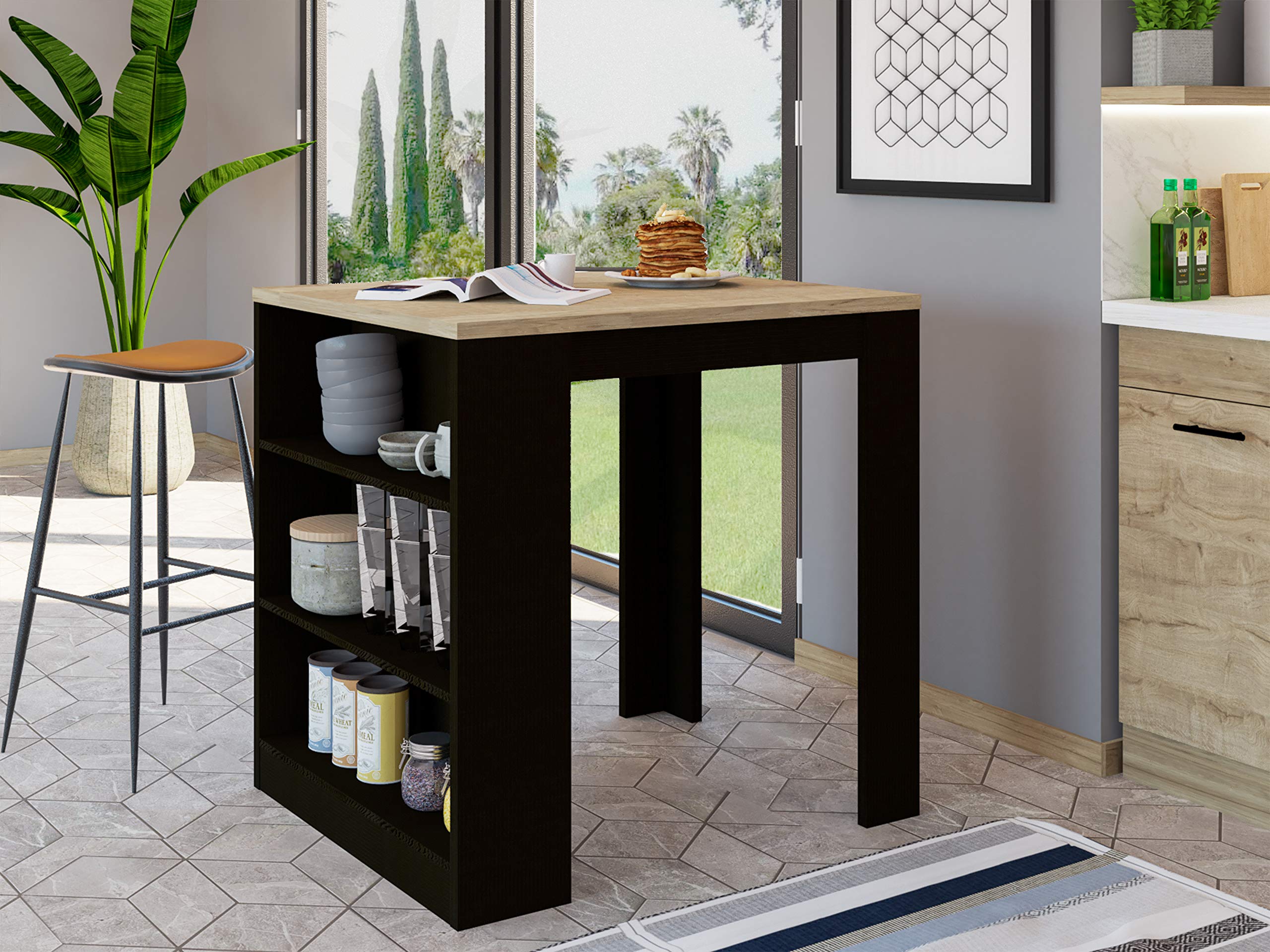 Milos Kitchen Island Table with 2 Legs and 3 Side Shelves, Black/Pine