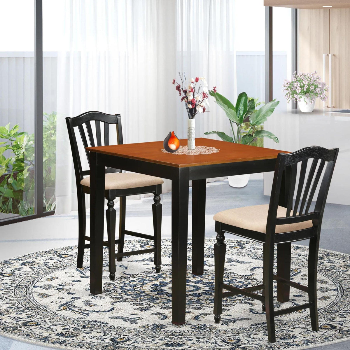 East West Furniture PBCH3-BLK-C 3 Piece Kitchen Counter Height Dining Table Set Contains a Square Dining Room Table and 2 Linen Fabric Upholstered Chairs, 36x36 Inch, Black & Cherry