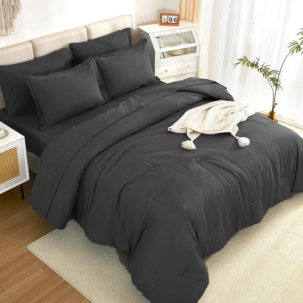 Litanika Comforter King Size Set Dark Grey - 7 Pieces Bed In A Bag King Beddding Comforter Sets, Plain Lightweight Bed Set With
