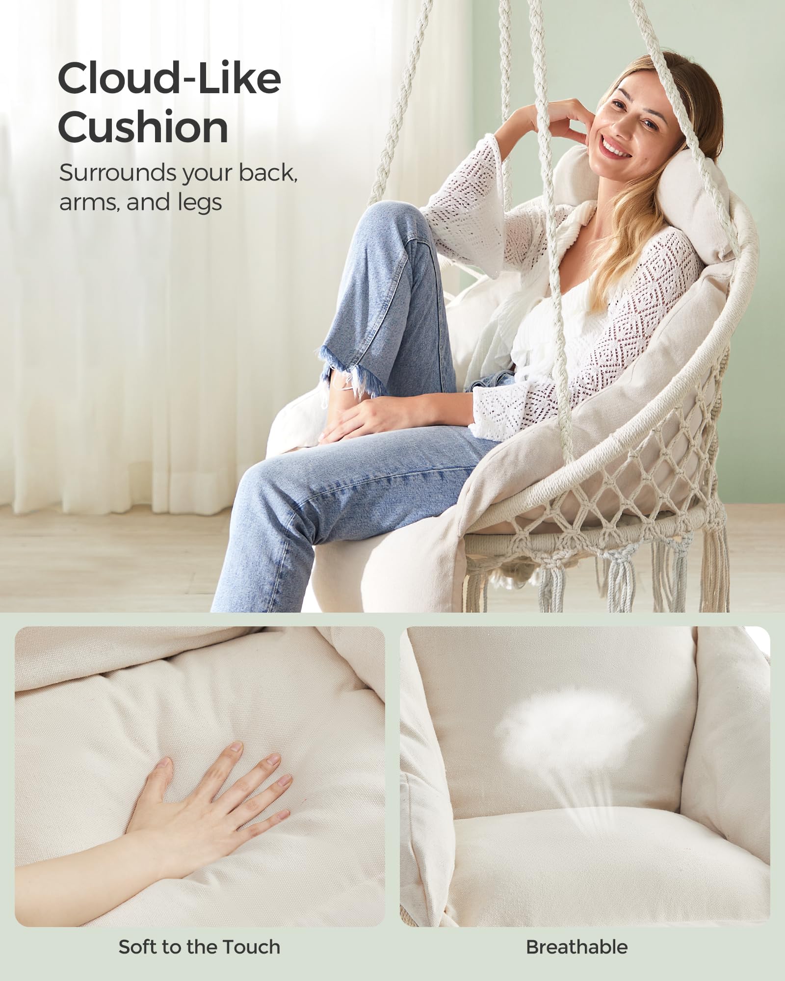 SONGMICS Hanging Chair UGDC042M01 Boho Swing Chair Cotton Cloud White