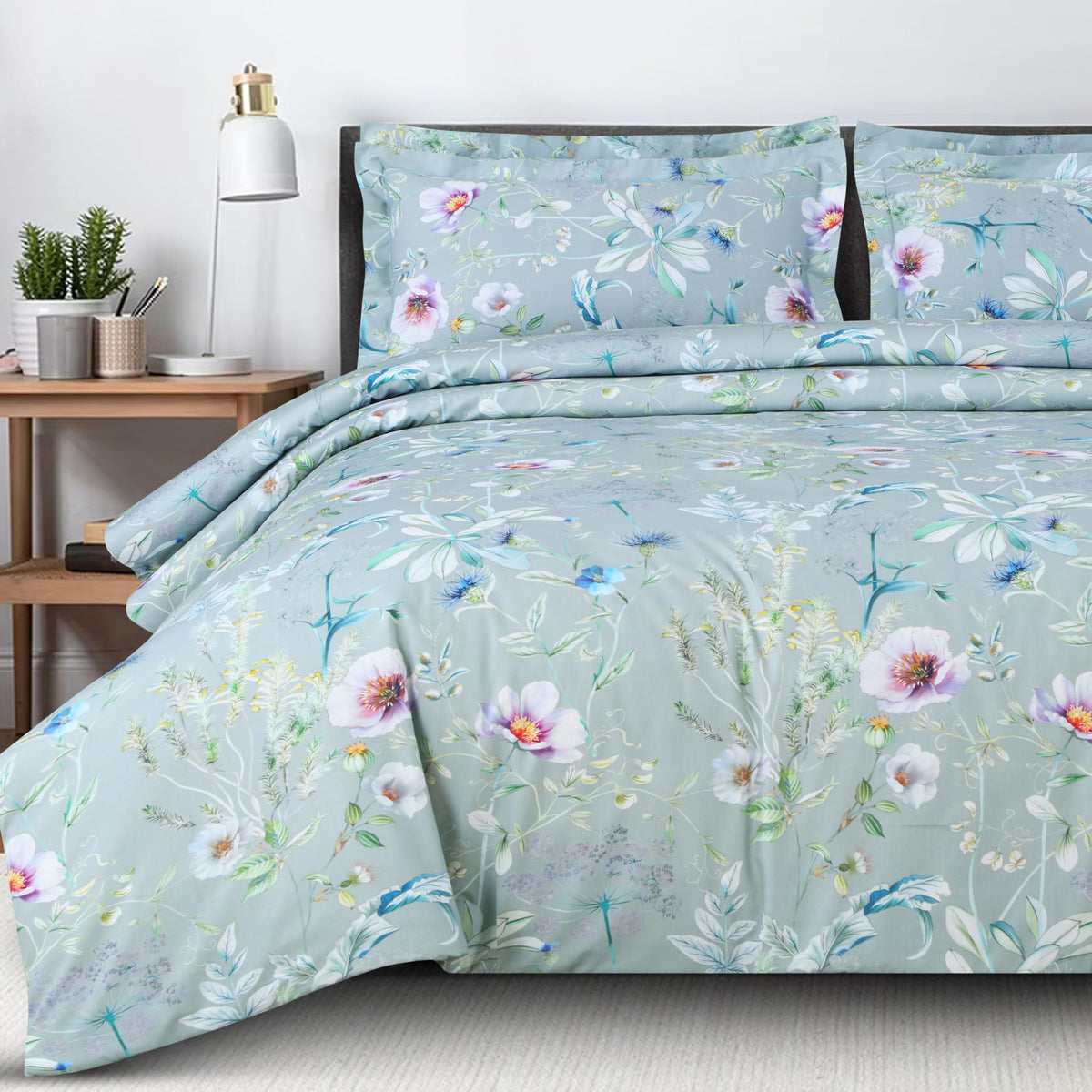Malako Sion 500 TC 100% Cotton King Size Bedsheet Set  Green Botanical | 3 Piece with 2 Pillow Covers | 275 x 275 cm | Soft, Br