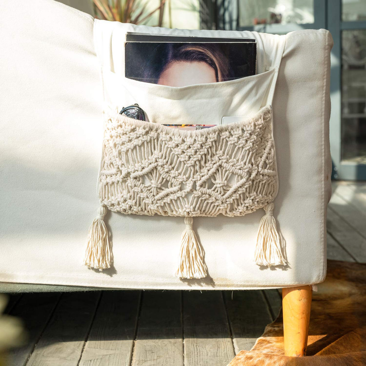 Mkono Macrame Sofa Armrest Organizer Remote Control Holder Couch Bedside Armchair Caddy Storage Basket Bag for TV Remote Control