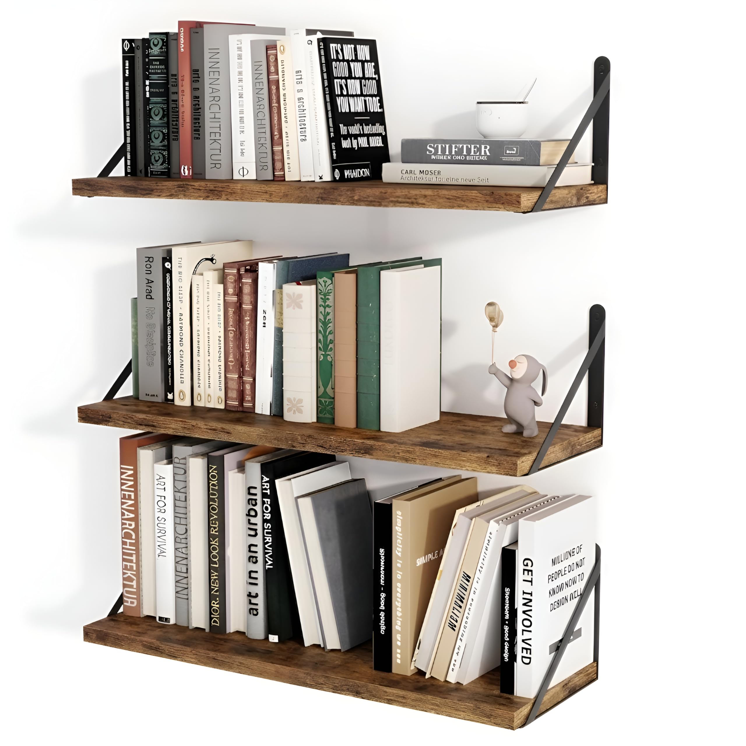 OXMIC Rustic Wood Wall Shelves with Black Metal Brackets, Book Shelf for wall, wall Shelves, wall Book Shelf, 20x6 Inch, Set of 