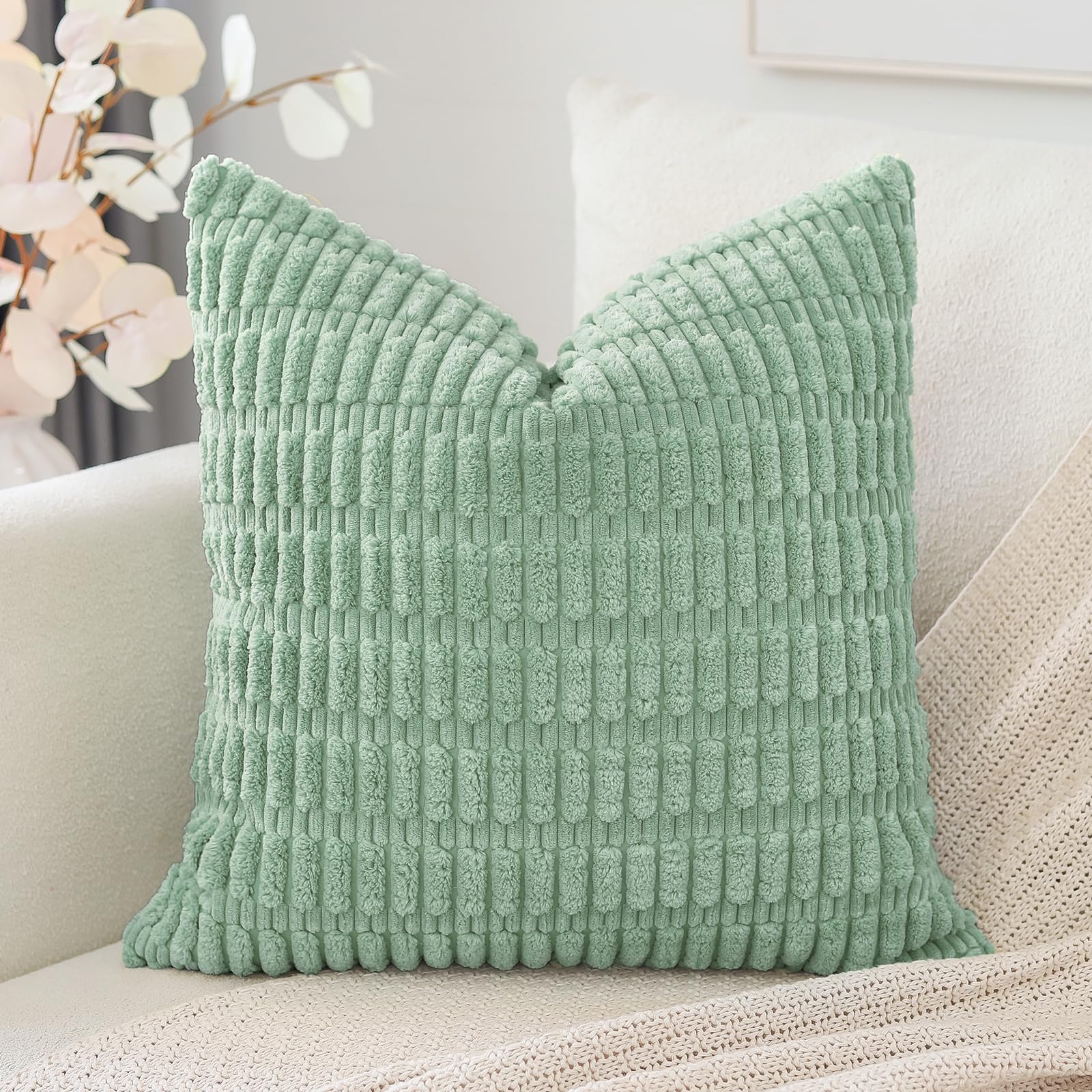 Otostar Corduroy Decorative Throw Pillow Covers 20X20 Inch Super Soft Boho Striped Square Pillow Covers Case Modern Cushion Covers For Sofa Couch Bedroom Car Decor Aqua Green