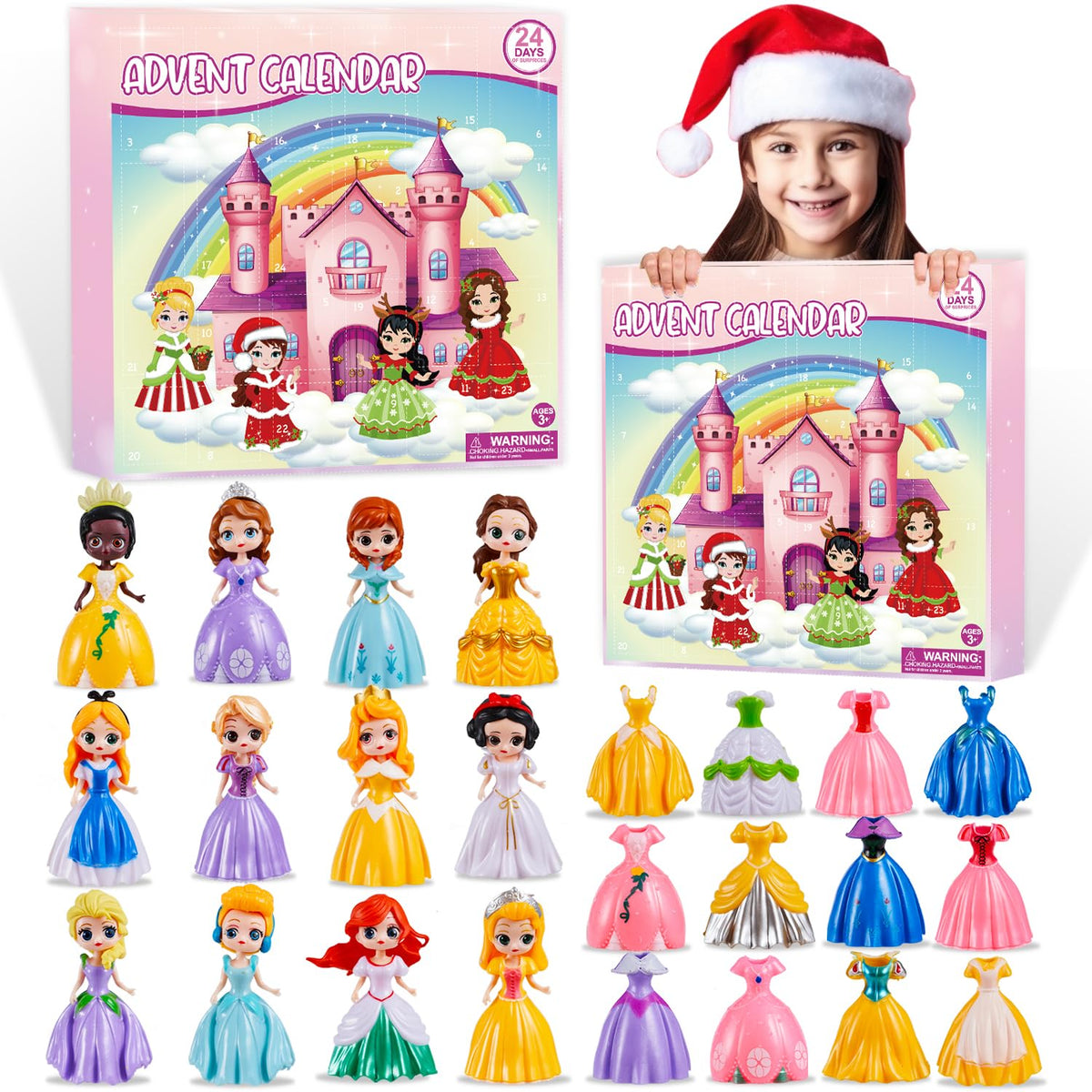 Princess Advent Calendar for Girls, 24 Days Princess Transformable Toys and Clothes Countdown Calendars Xmas Gifts for Girls Age