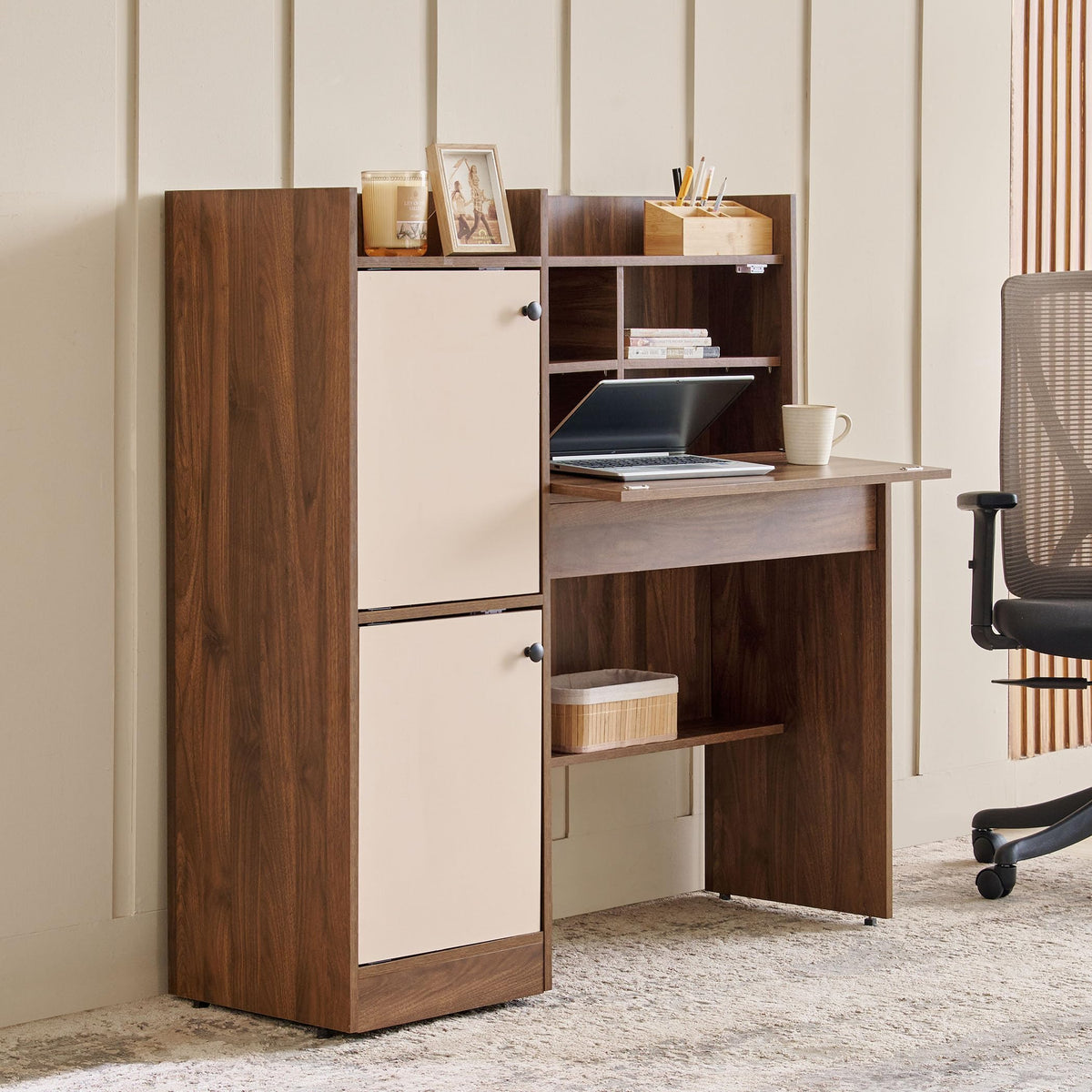Home Centre | Addison Flip Study Desk With Shutters | Study Table For Home Office | Engineered Wood | Brown | 1 Year Warranty