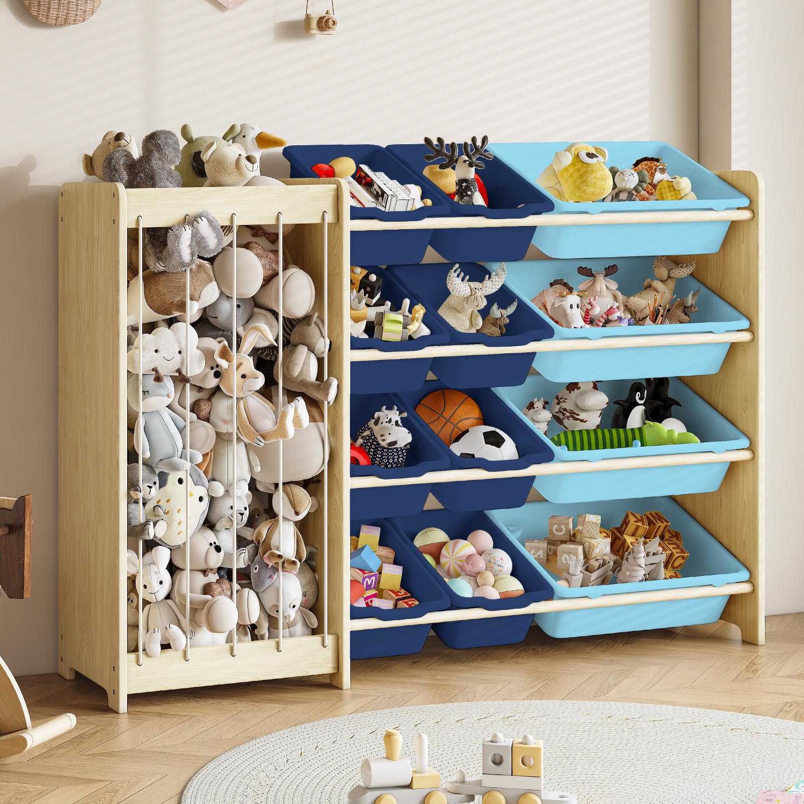 EXPERLAM Kids Toy Storage Organizer, 2-in-1 Stuffed Animal Storage & Toy Organizer w/12 Bins, Solid Wood Toy Rack Featuring Thic