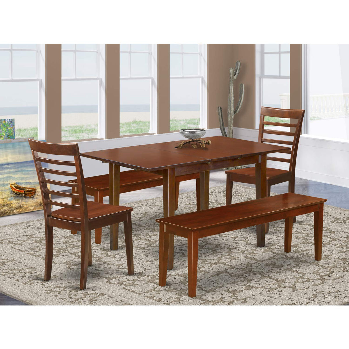 East West Furniture Noml5C-Mah-W 5 Pc Kitchen Table Set - Plus 2 Chairs For Dining Room And 2 Benches
