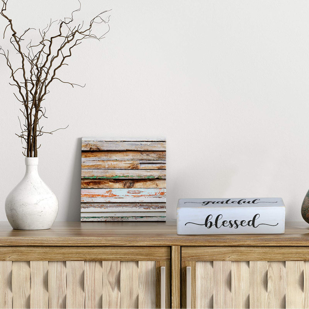 Jetec Wooden Decor Sign - Four-Sided Inspirational Block, 'Blessed', 'Gather', 'Thankful', 'Grateful', Rustic Farmhouse Style, 1