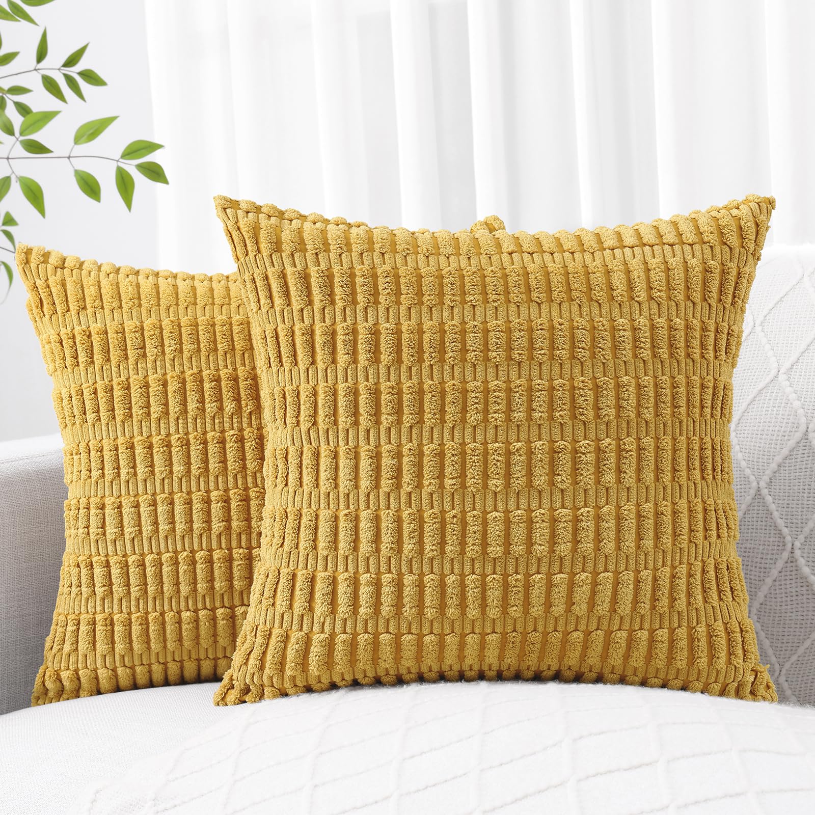 Decoruhome Mustard Yellow Decorative Throw Pillow Covers 16X16 Set Of 2, Soft Corduroy Striped Square Pillow Covers For Couch Living Room Bed Sofa