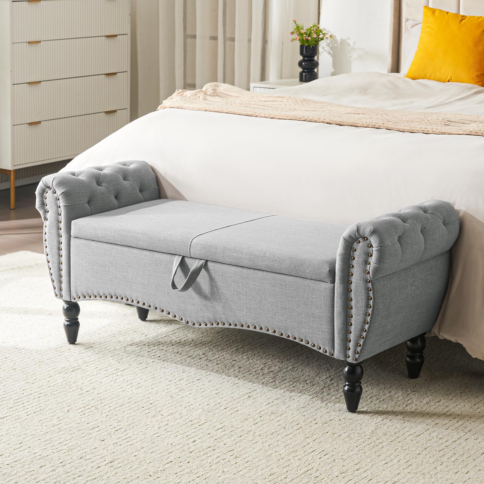 Furniliving 51.75 Storage Ottoman Bench for Living Room, Modern Bedroom Bench with Rolled Arm Upholstered End of Bed Bench Shoe 