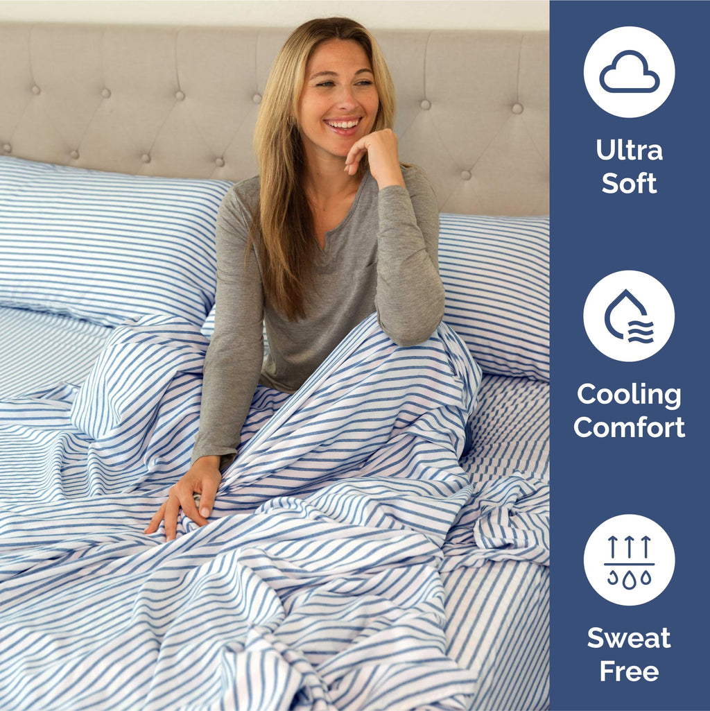Extra Deep Pocket Split King Sheets - 5 Piece Breathable & Cooling Bed Sheets - Hotel Luxury Bed Sheet Set - Soft, Wrinkle Free & Comfy - Easily Fits Extra Deep Mattresses - Blue Striped Sheets Set
