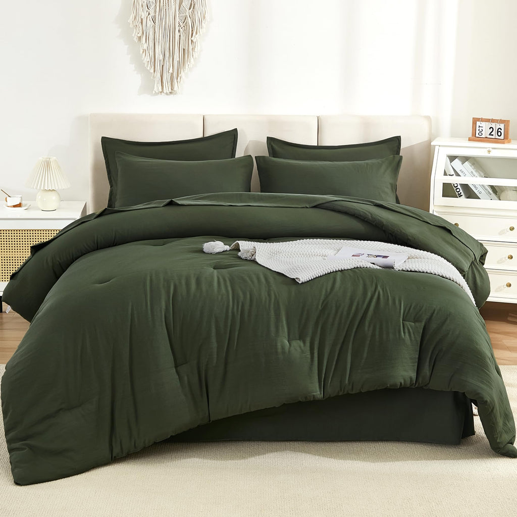 Litanika Comforter Full Size Set Olive Green - 7 Pieces Bed In A Bag Full Beddding Comforter Sets, Plain Lightweight Bed Set Wit