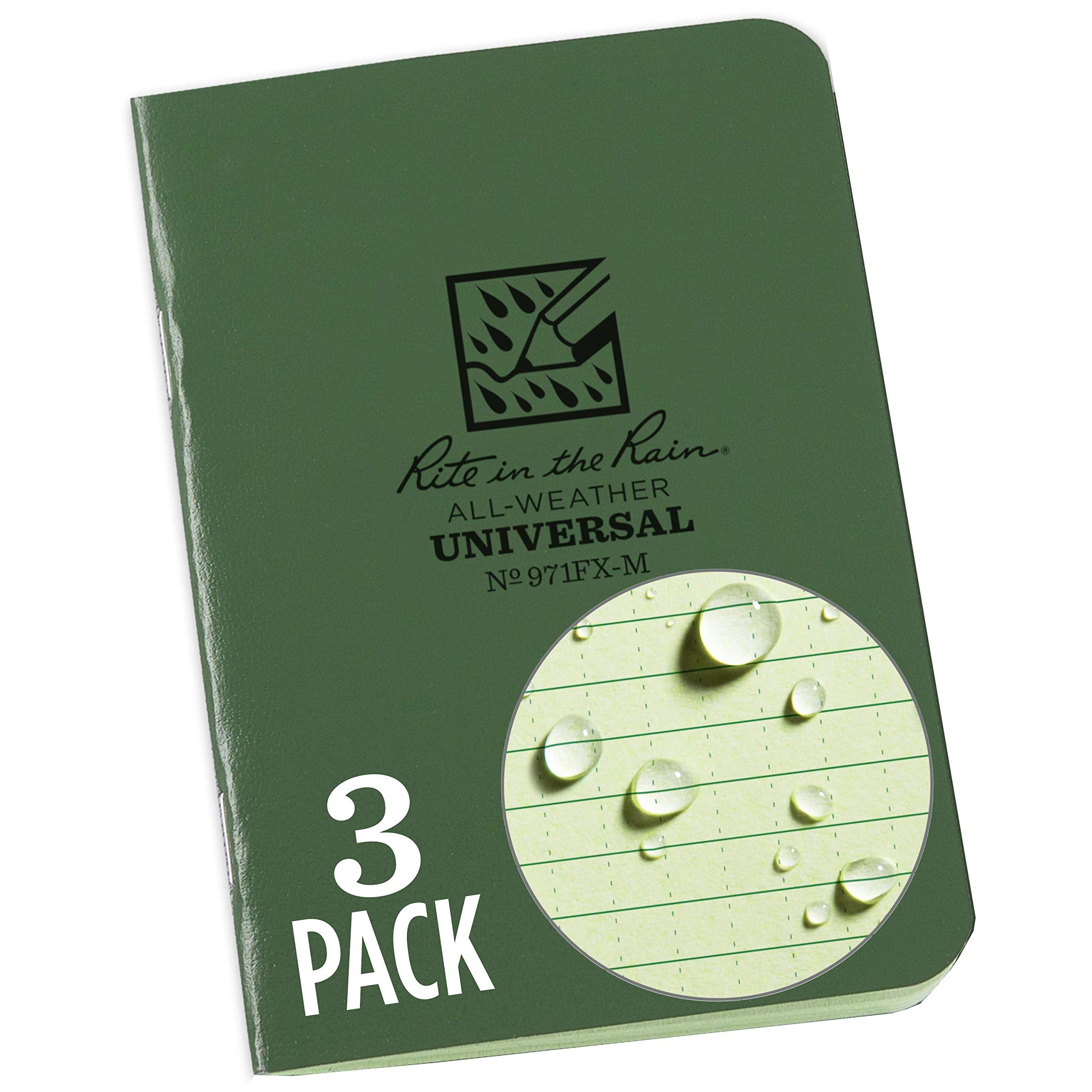 Rite In The Rain Weatherproof Mini-Stapled Notebook, 3 1/4' X 4 5/8', Green Cover, Universal Pattern, 3 Pack (No. 971Fx-M), 4.