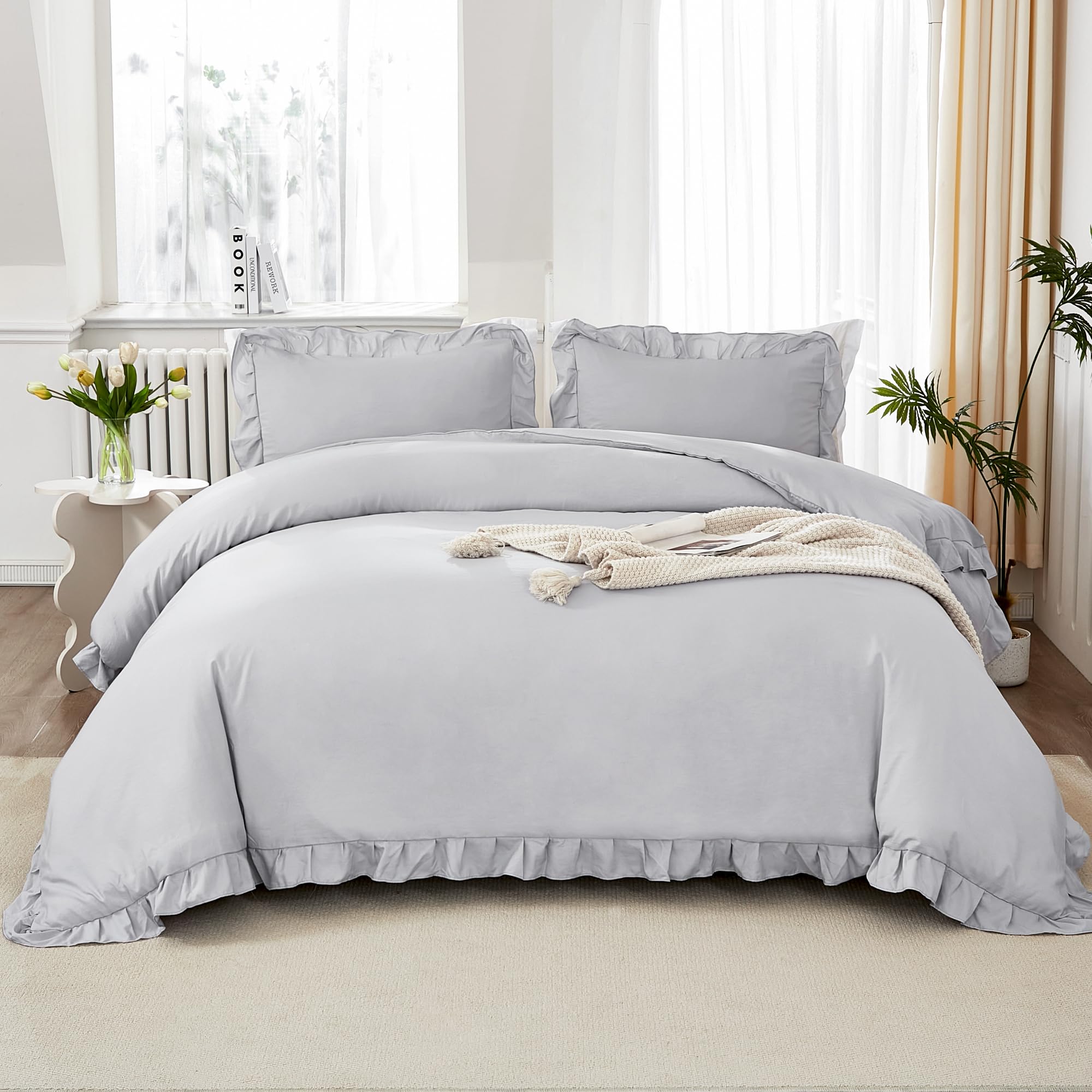 Litanika Light Grey King Size Comforter Set, 3 Pieces Ruffle Farmhouse Aesthetic Bedding Comforter Set, All Season Soft Lightwei