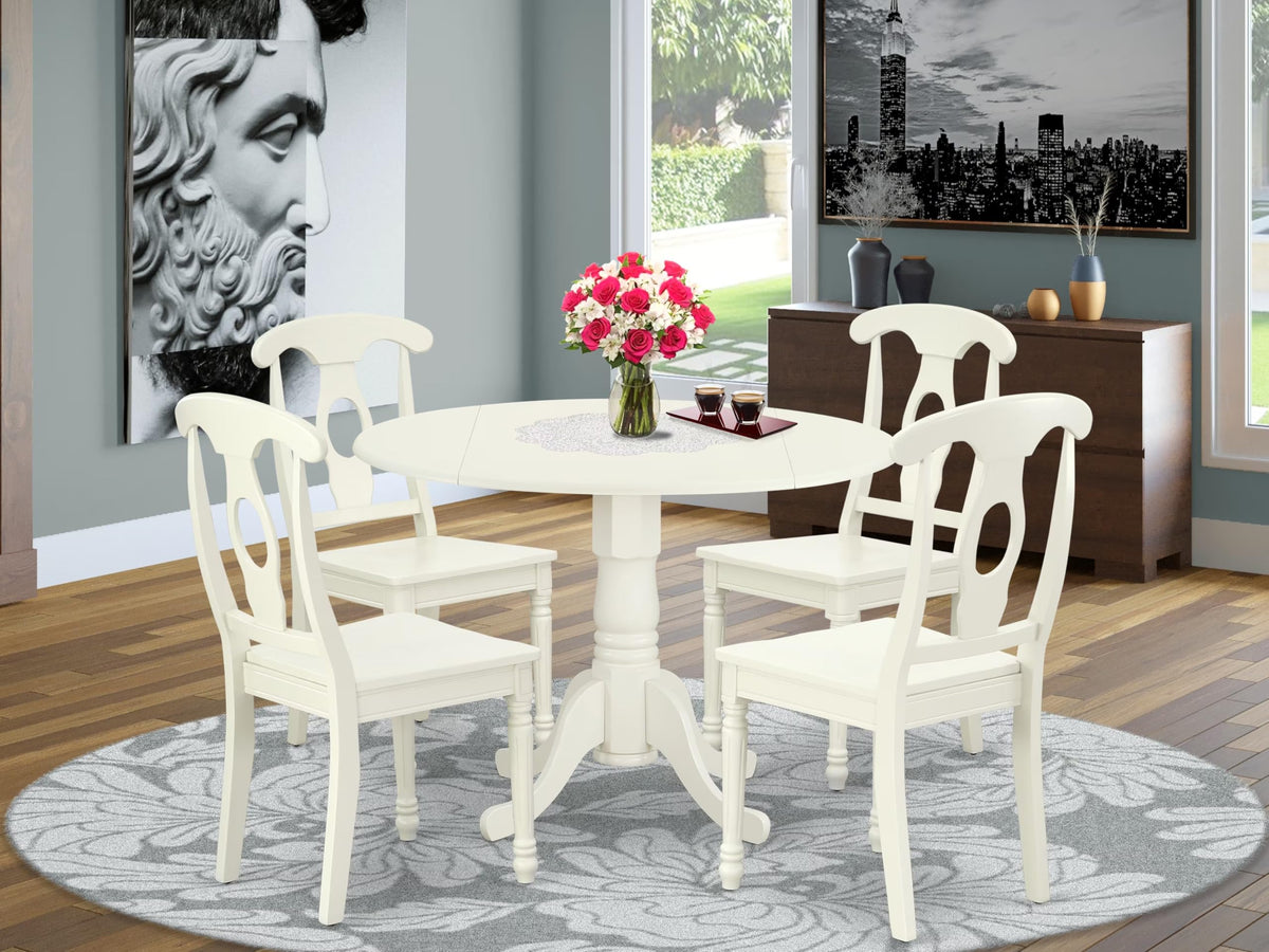 East West Furniture Dlke5-Lwh-W 5 Piece Dining Room Furniture Set Includes A Round Kitchen Table With Dropleaf And 4 Dining Chairs, 42X42 Inch, Linen White