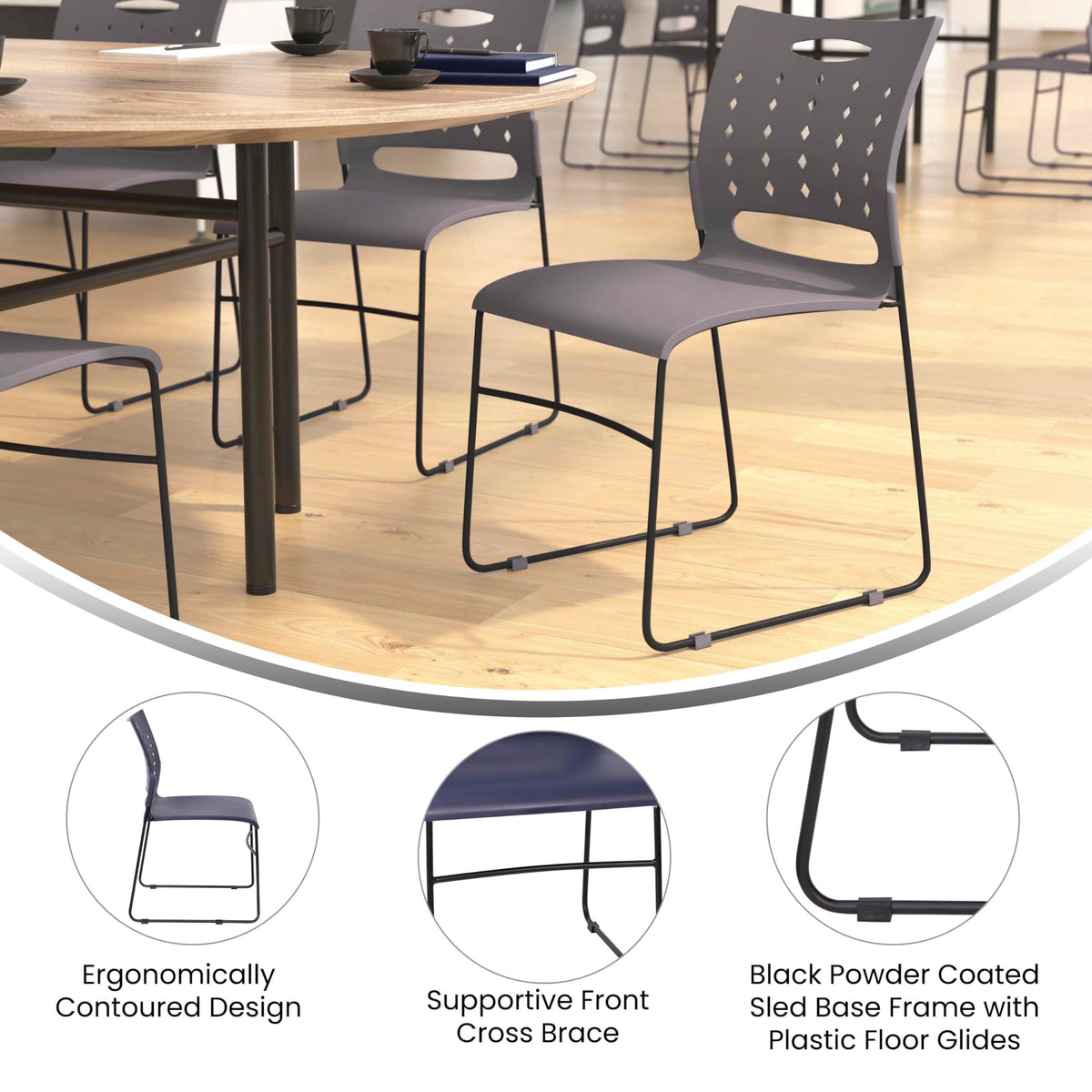 Flash Furniture Hercules Series 881 Lb. Capacity Gray Sled Base Stack Chair With Air-Vent Back