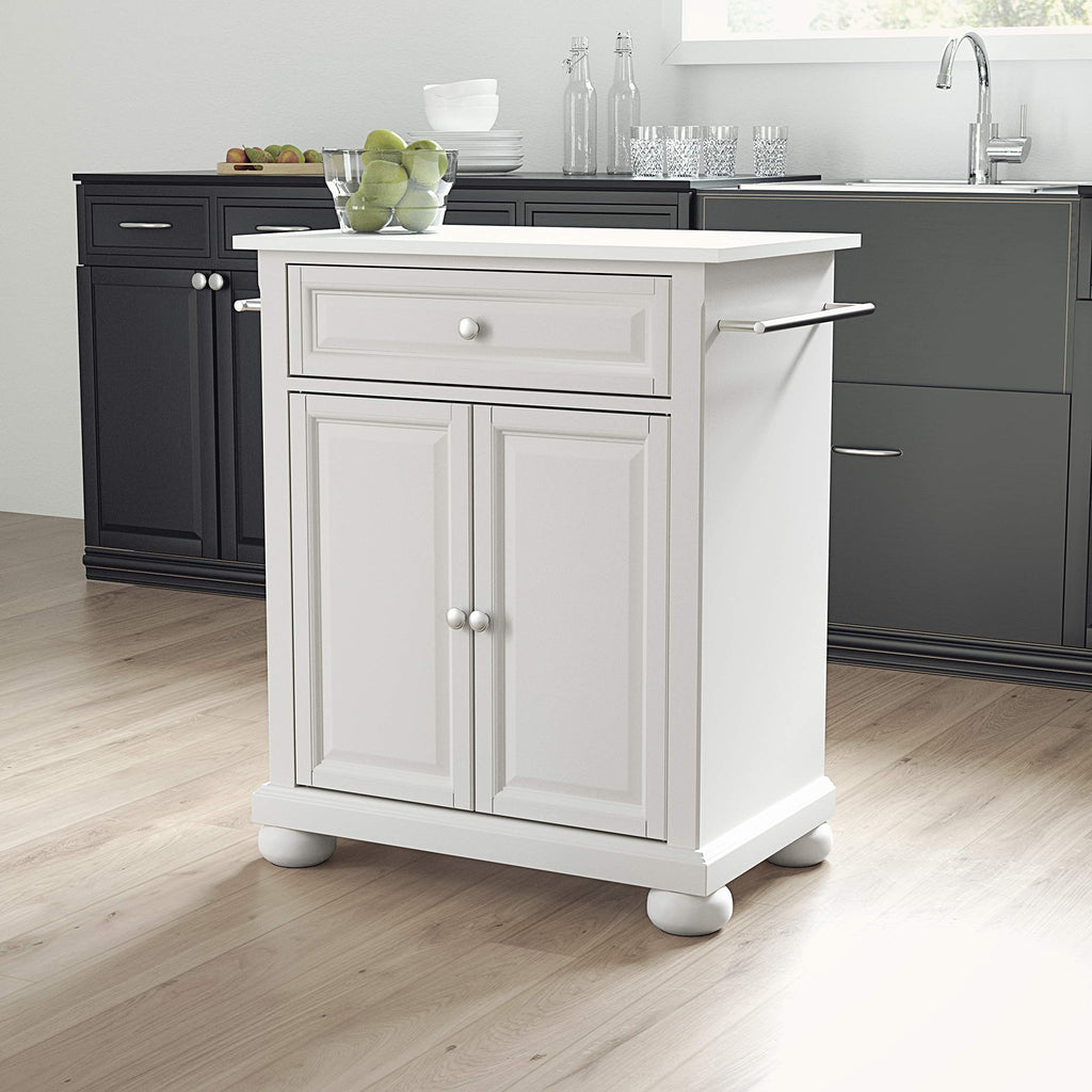 Crosley Furniture Alexandria Stone Top Small Portable Rolling Kitchen Island Storage Cart, Microwave Stand, White