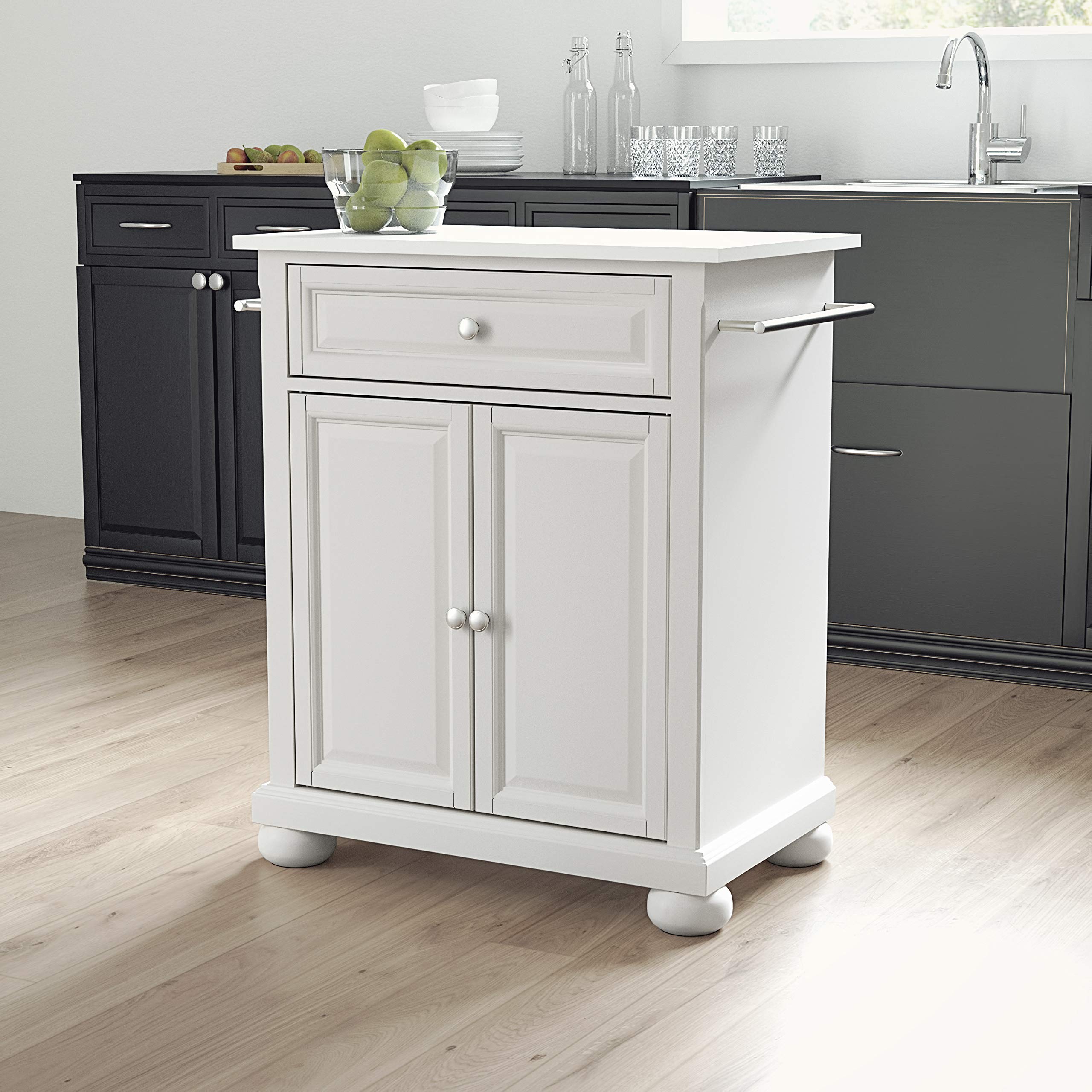 Crosley Furniture Alexandria Stone Top Small Portable Rolling Kitchen Island Storage Cart, Microwave Stand, White
