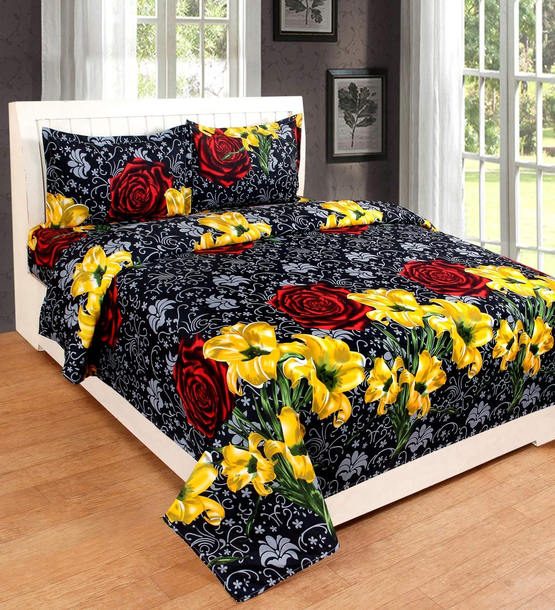 VORDVIGO 180 TC 3D Printed Poly Cotton Double BedSheet with 2 Matching Pillow Covers