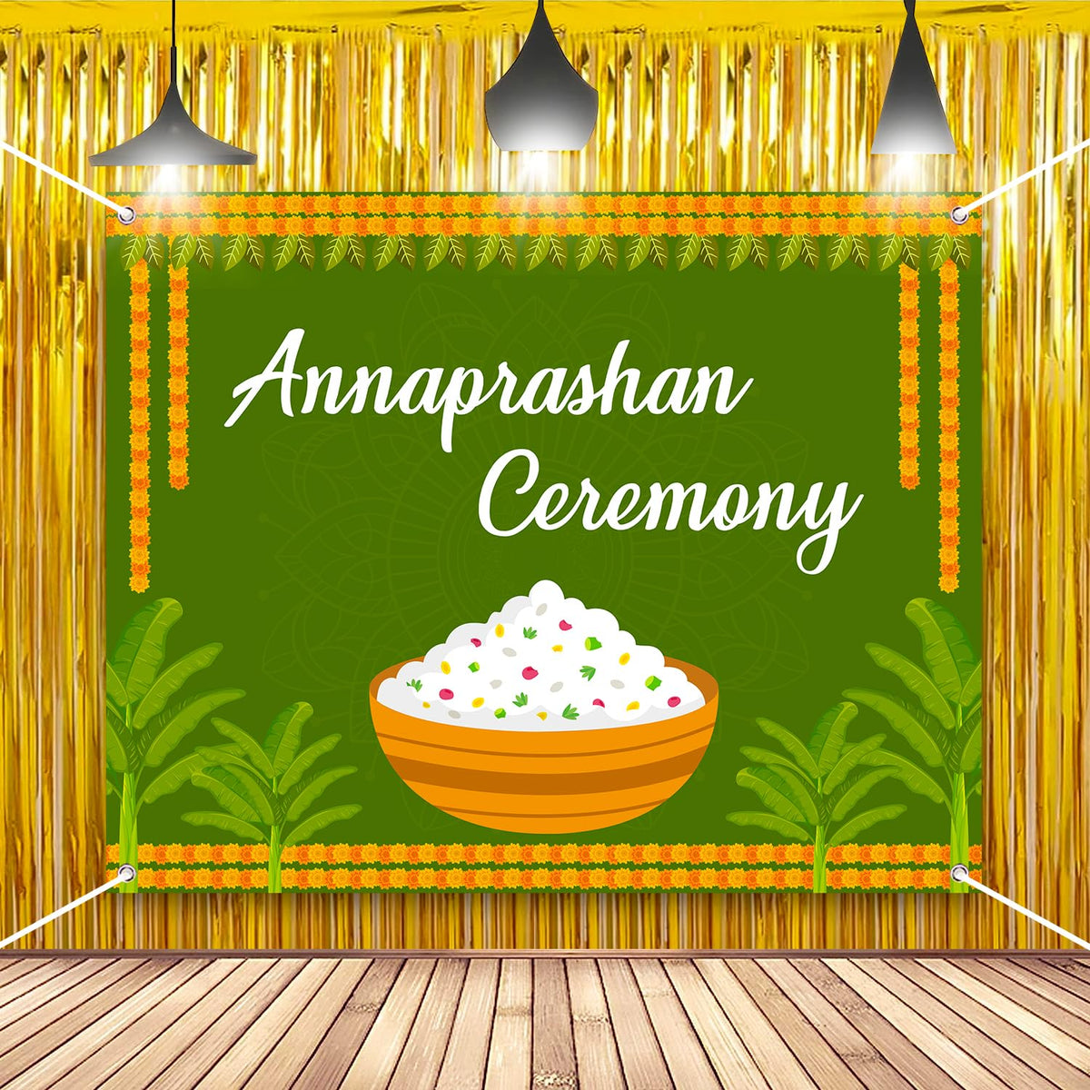 Party Propz Annaprasana Decoration Backdrop  3Pcs Green Annaprashan Backdrop 1pc, Golden Foil Curtain 2pc, Annaprashan Decorati