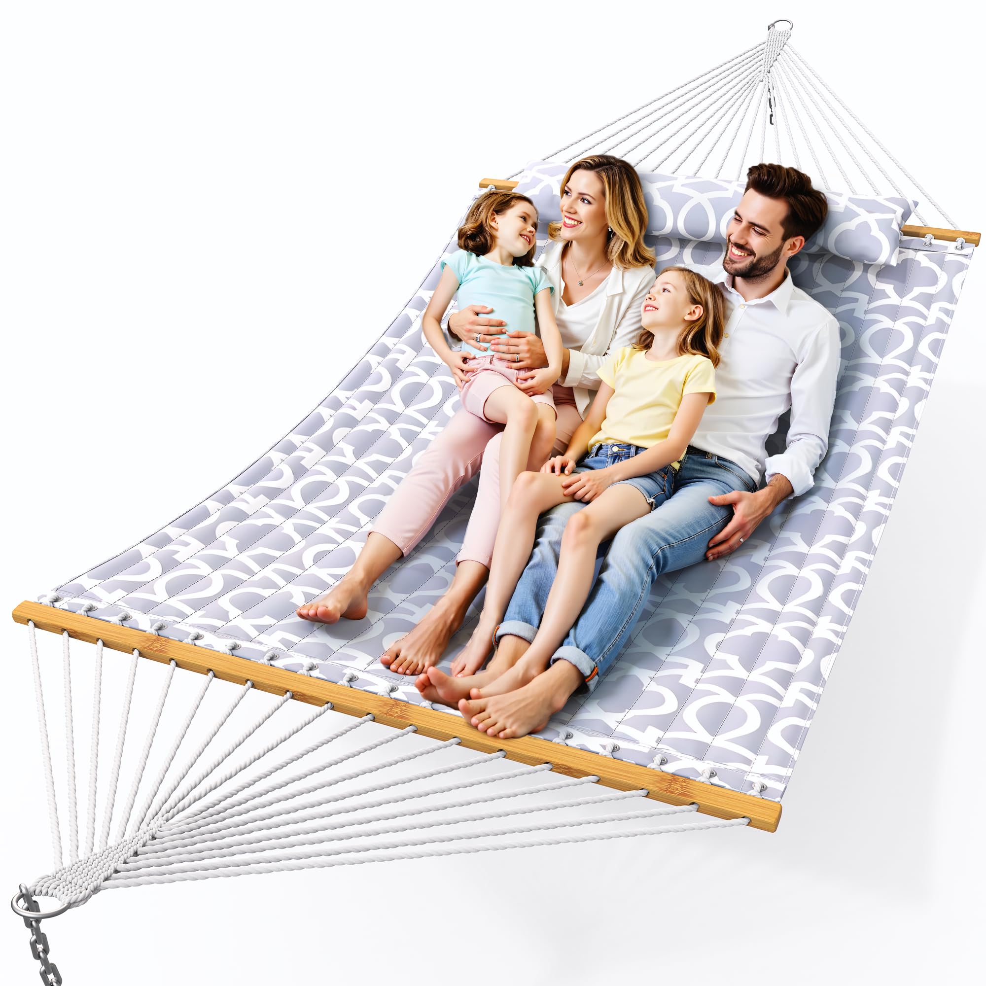 Everyfun Double Hammock with Spreader Bar,Soft Pillow,Max Load 500lbs,Portable Hammock for Outdoor,Camping,and Backyard,White Gr