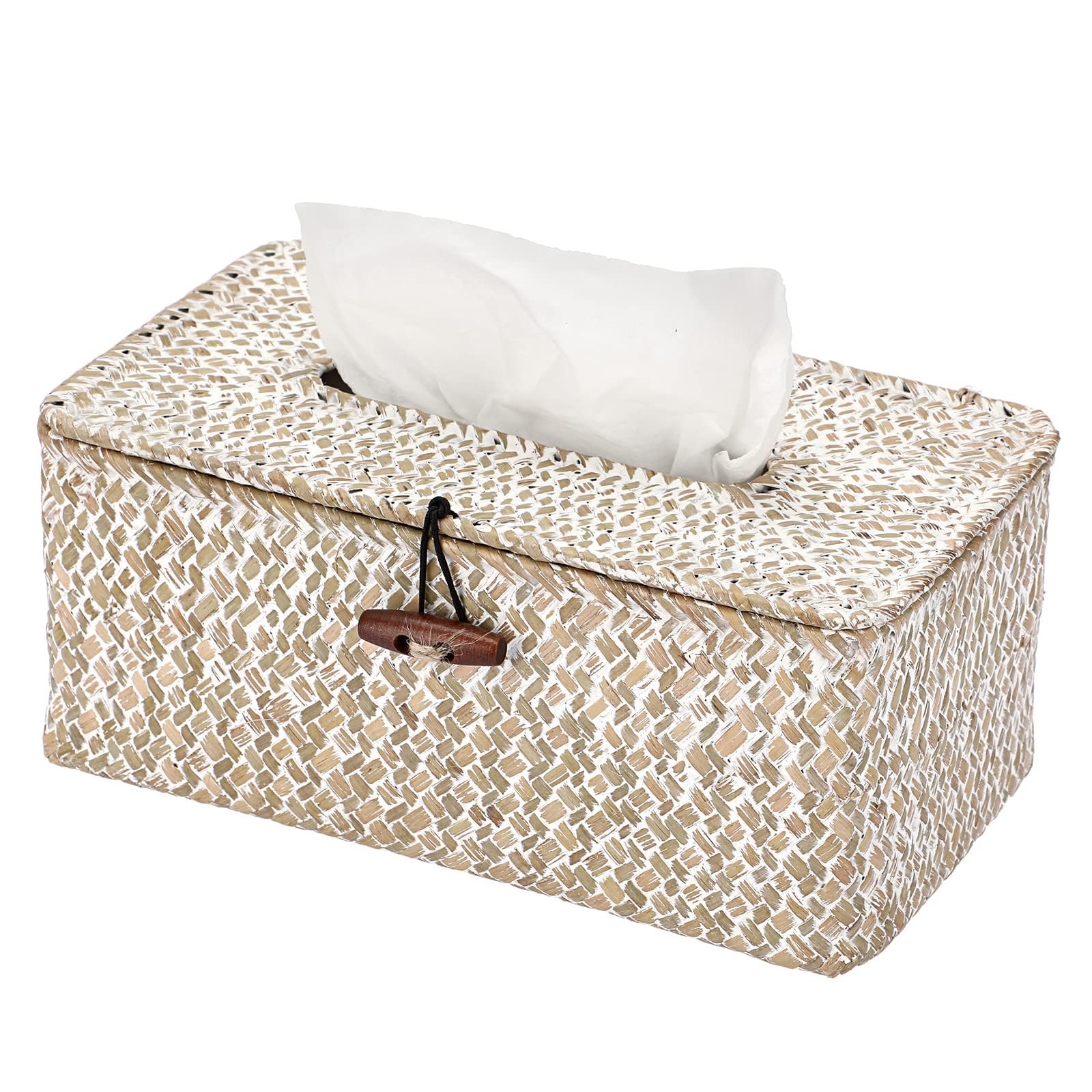 Shonmogar Tissue Box Cover Rectangle Seagrass Tissue Box,Woven Tissue Box Holder with Lid,Farmhouse Tissue Cover for Bathroom To