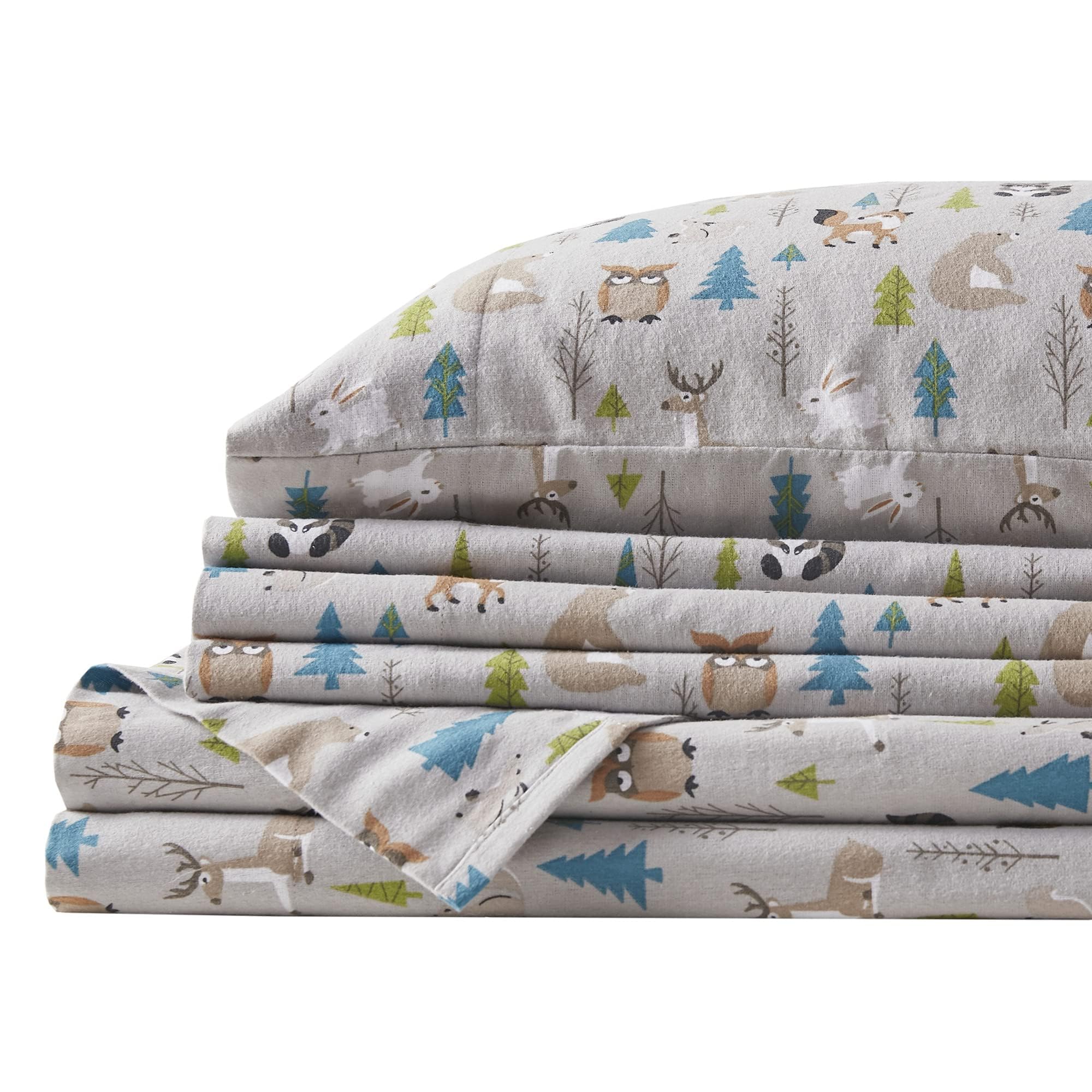 Comfort Spaces Cotton Flannel Breathable Warm, Deep Pocket Sheets with Pillow Case Bedding, Full, Multi Forest Animals 4 Piece