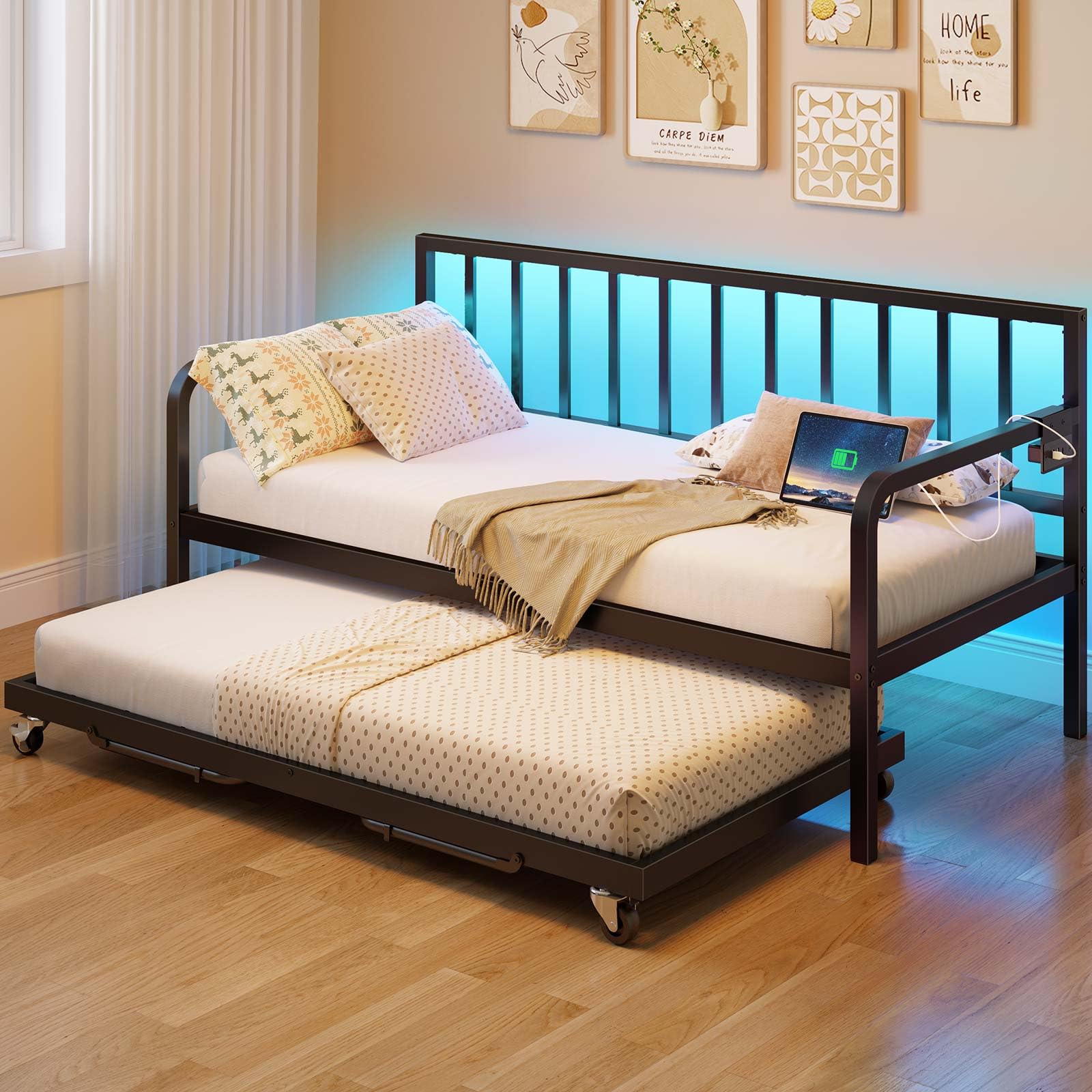 Rolanstar Daybed With Charging Station And Led Lights, Height Adjustable Twin Daybed With Trundle, Metal Sofa Bed Frame With Steel Slat Support For Living Room, Bedroom And Guest Room, Black
