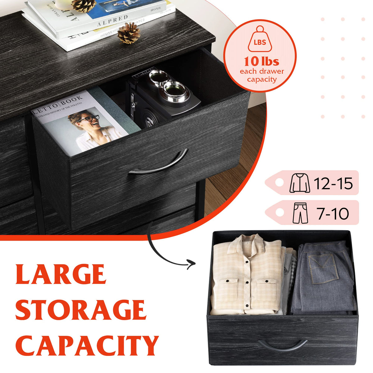 Wlive 10-Drawer Dresser, Fabric Storage Tower For Bedroom, Hallway, Nursery, Closets, Tall Chest Organizer Unit With Fabric Bins, Steel Frame, Wood Top, Pull Handle, Charcoal Black Wood Grain Print