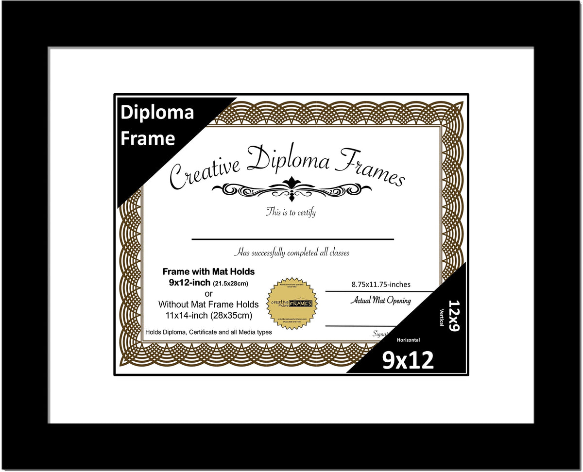 Creative Picture Frames 9x12 Classic Black Diploma Frame with White Mat Glass Easel and Installed Wall Hangers | Frame Holds 11x