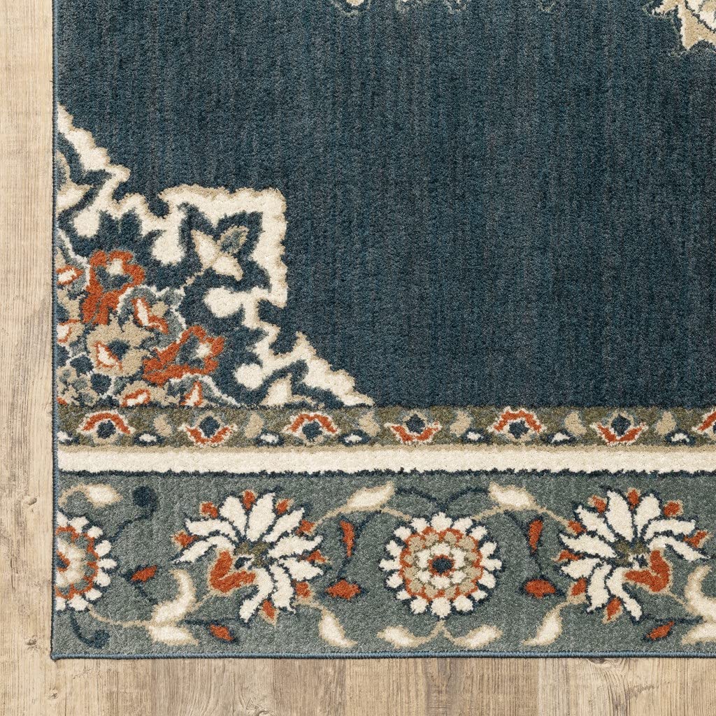 HomeRoots Polyester 5’ x 7’ Blue and Beige Floral Medallion Indoor Area Rug