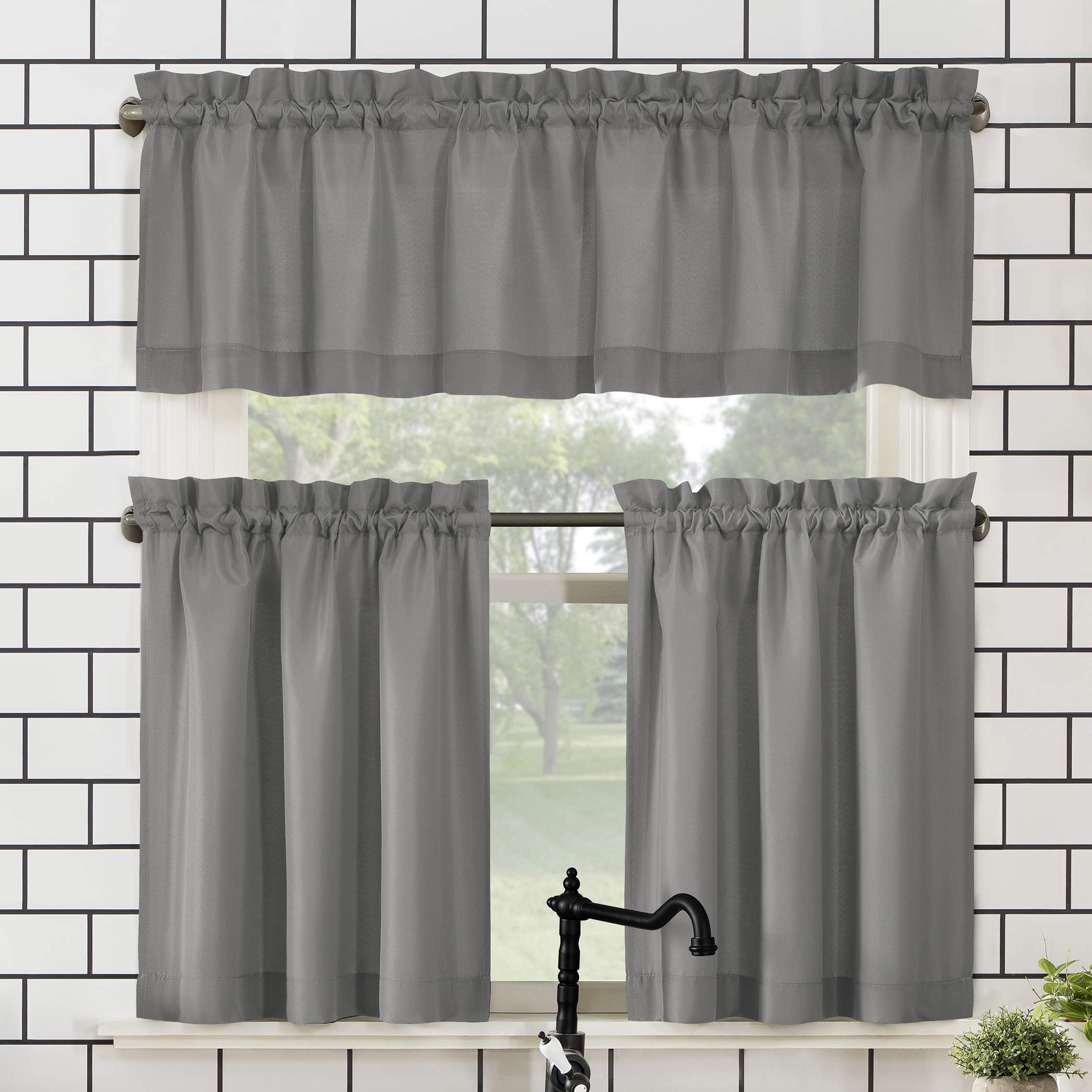 No. 918 Martine Microfiber Semi-Sheer Rod Pocket Kitchen Curtain Valance and Tiers Set, 54 x 36, Gray