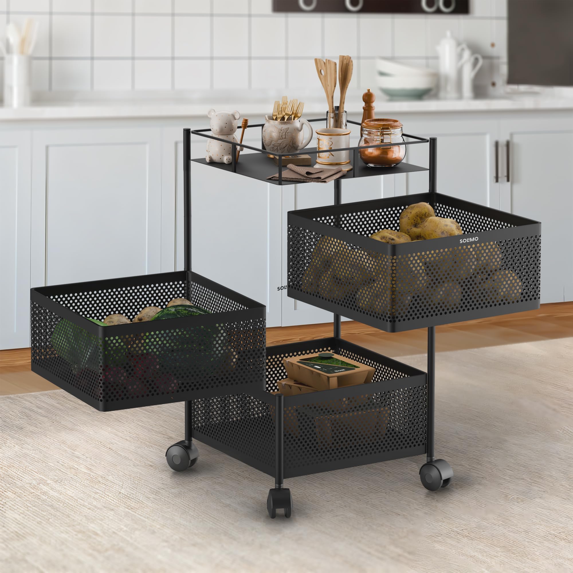 Amazon Brand  Solimo 360 Revolving Preassembled Portable 3 Layer Square Multipurpose Storage Kitchen Rack Carbon Steel Fruit Ve