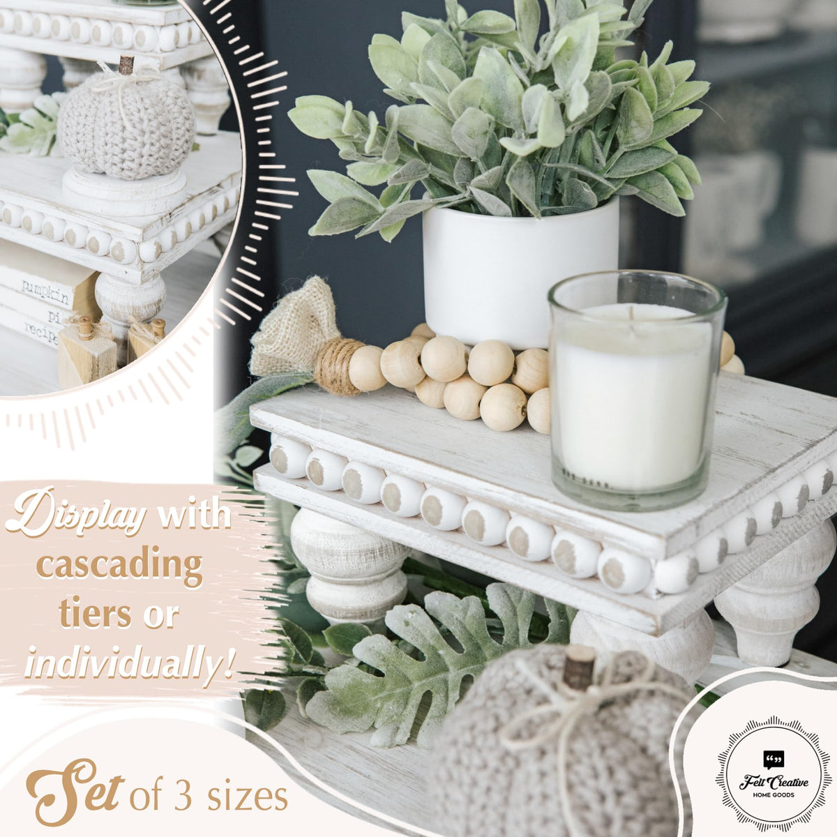 Decorative Tray [Set Of 3] Wooden Tiered Tray Stand Display Risers - Tiered Tray Decor For Tabletop Use, Kitchen Island, Coffee