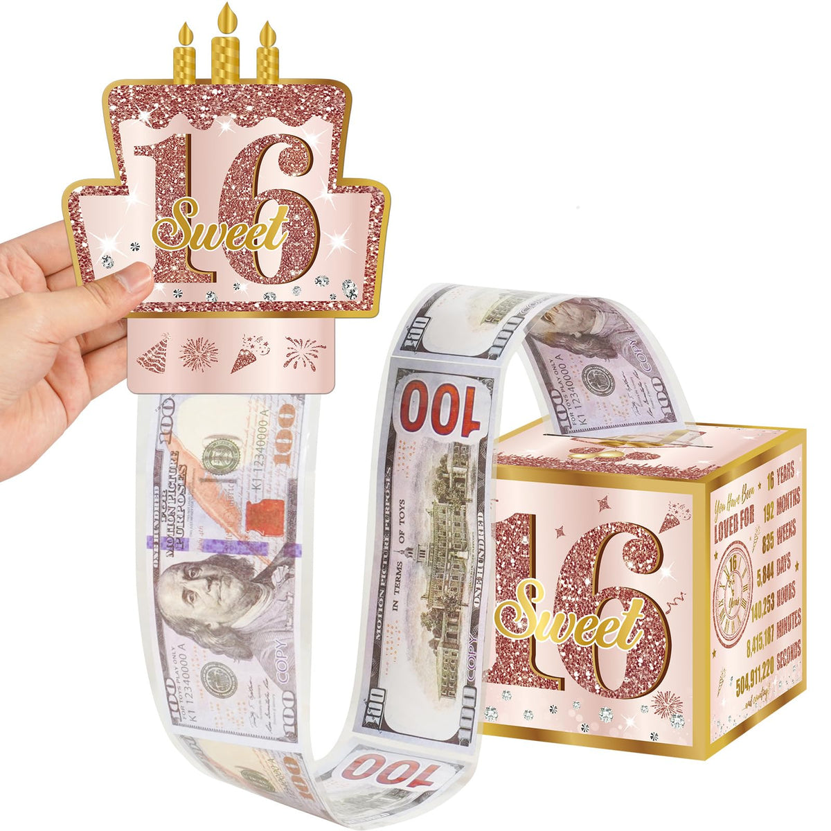 Turypaty Sweet 16Th Birthday Pull-Out Money Gift Box For Girls - Pink Rose Gold Happy Sixteen 16Th Birthday Party Cash Gift Box