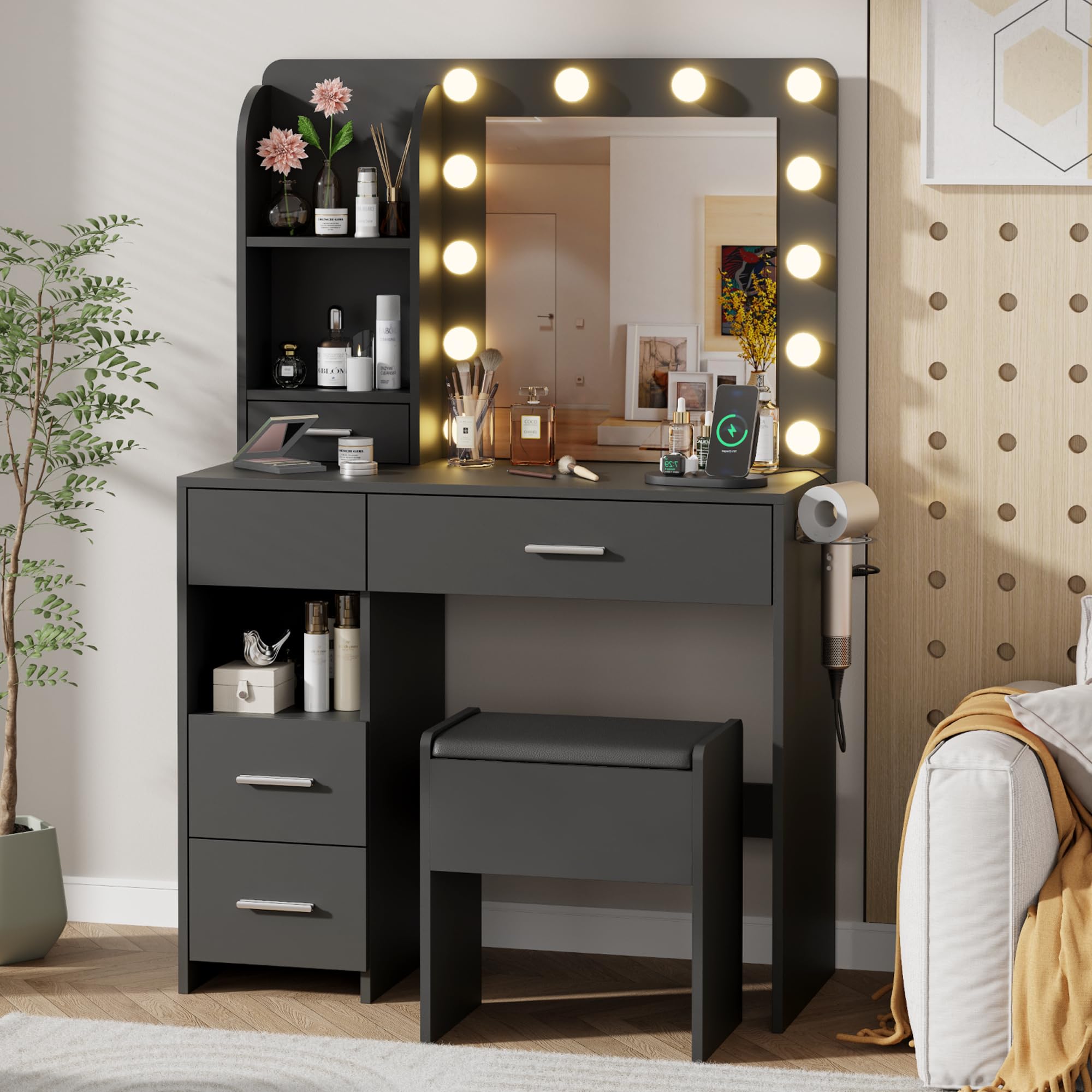 Otterease Vanity Desk with LED Lighted Mirror&Power Outlet, 3 Lighting Colors Makeup Vanity Desk with 5 Large Drawers and 3 Stor
