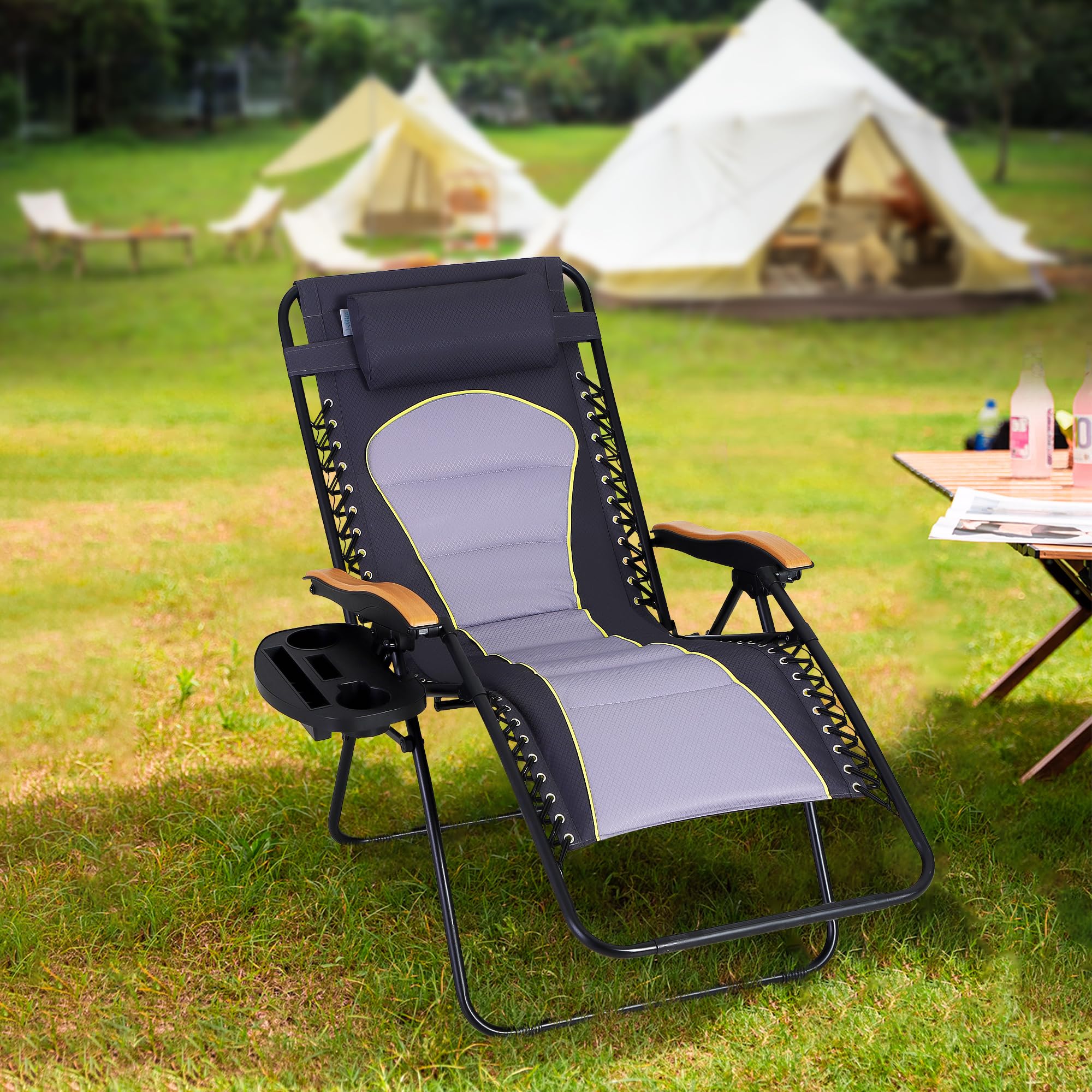Phi Villa Xxl Oversized Padded Zero Gravity Chair, Foldable Patio Recliner, 30' Wide Seat Anti Gravity Lounger With Cup Holder, Set Of 2, Support 400 Lbs (Gray Accent)