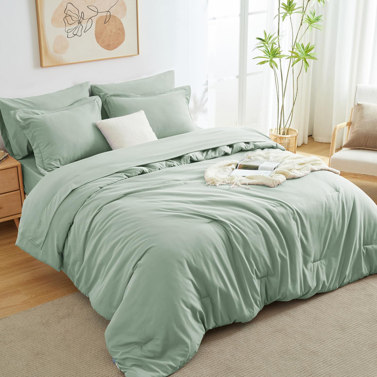 Cozylux Queen Comforter Set Sage Green, 7 Pieces Bed In A Bag, Bedding Comforter Set With Sheets, All Season Boho 7Pc Bed Sets W