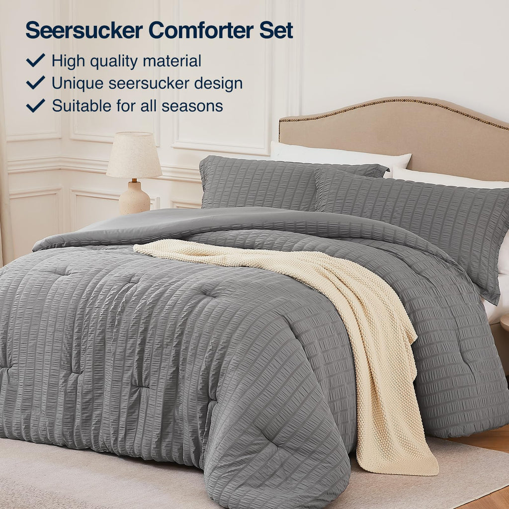 Quataly Grey Full Comforter Set - 3 Pieces Seersucker Lightweight Bedding Comforter Sets (1 Soft Fluffy Comforter & 2 Pillowcase