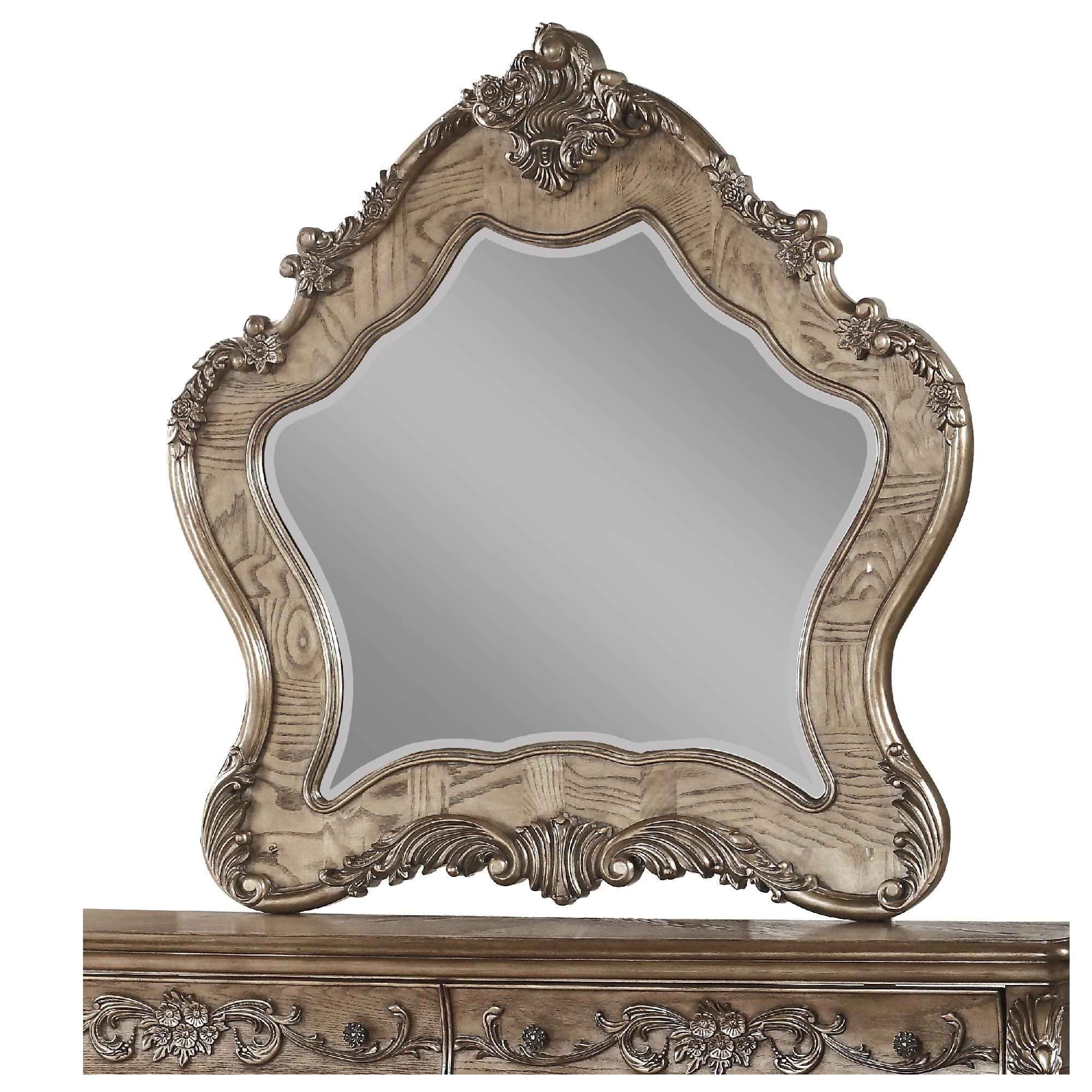 Benjara Wooden Mirror with Scrollwork Crown and Trim Details, Brown and Silver