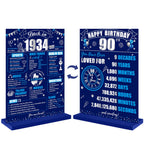 90th Birthday Decorations Back in 1934 Table Sign for Boys, Blue Silver 90 Birthday Two-Sided Wooden Table Poster with Stand Par