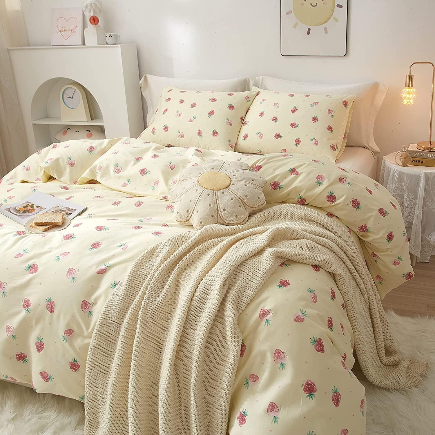 Lifetb Cute Strawberry Duvet Cover Twin Xl Soft Cotton Kawaii Strawberry Bedding Sets Kids Girls Bedroom Decor Fresh Small Straw