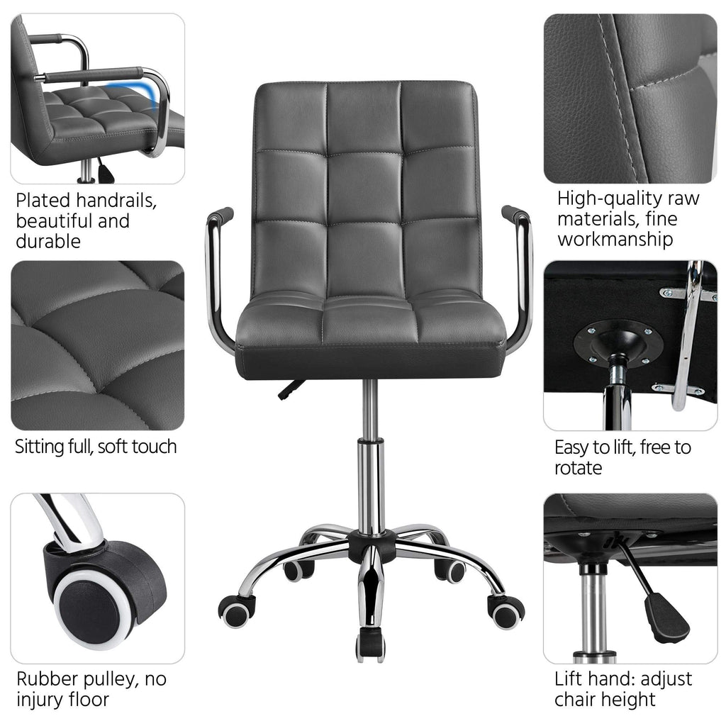 Yaheetech Mid Back Desk Chair, Pu Leather Office Task Chair With Armrests/Large Seat, Adjustable Chair With Wheels, Grey
