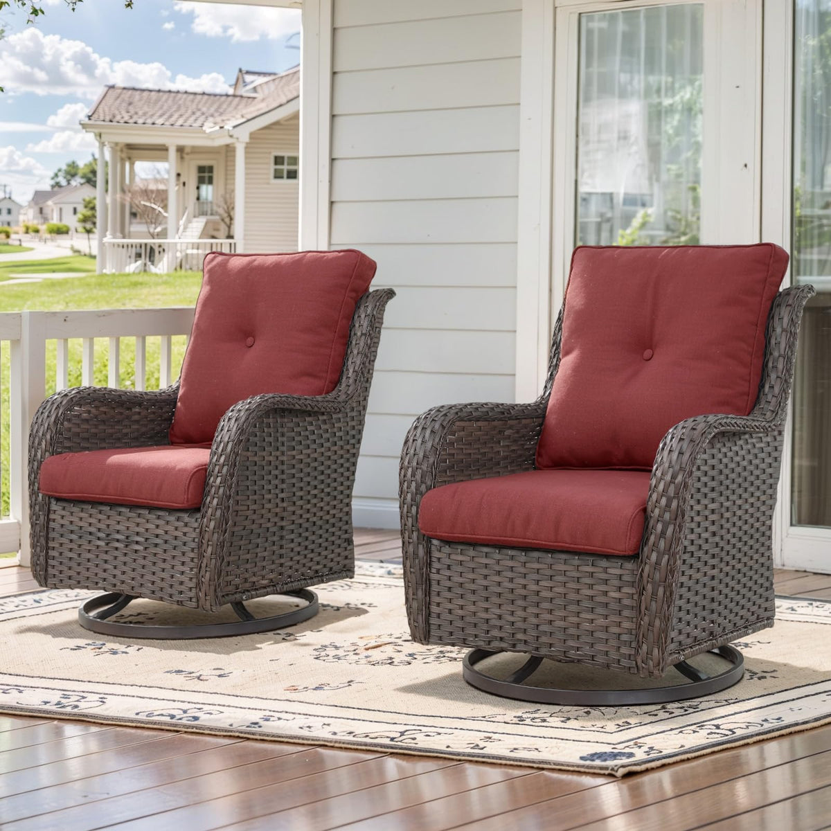 Belord Outdoor Swivel Rocker Patio Chairs - 360 Degree Swivel Glider Seating Wicker Rocking Chairs Set Of 2 With High Back Deep Seat For Porch Balcony Deck, Brown/Red