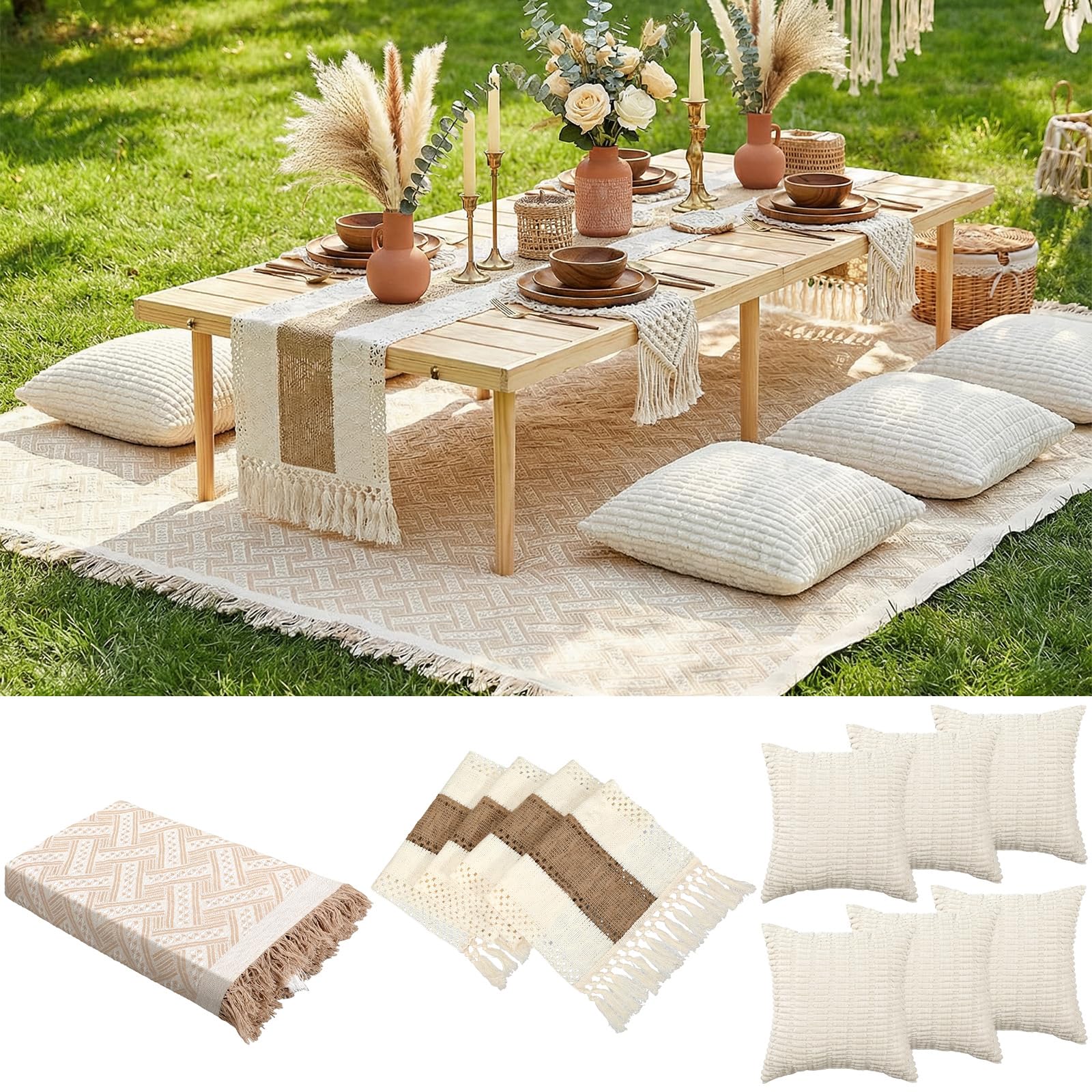 Beeveer Extra Large Outdoor Boho Picnic Blanket 91 x 71 Beige White Table Runner 6 Throw Pillow Cover Woven Cotton Yarn Over