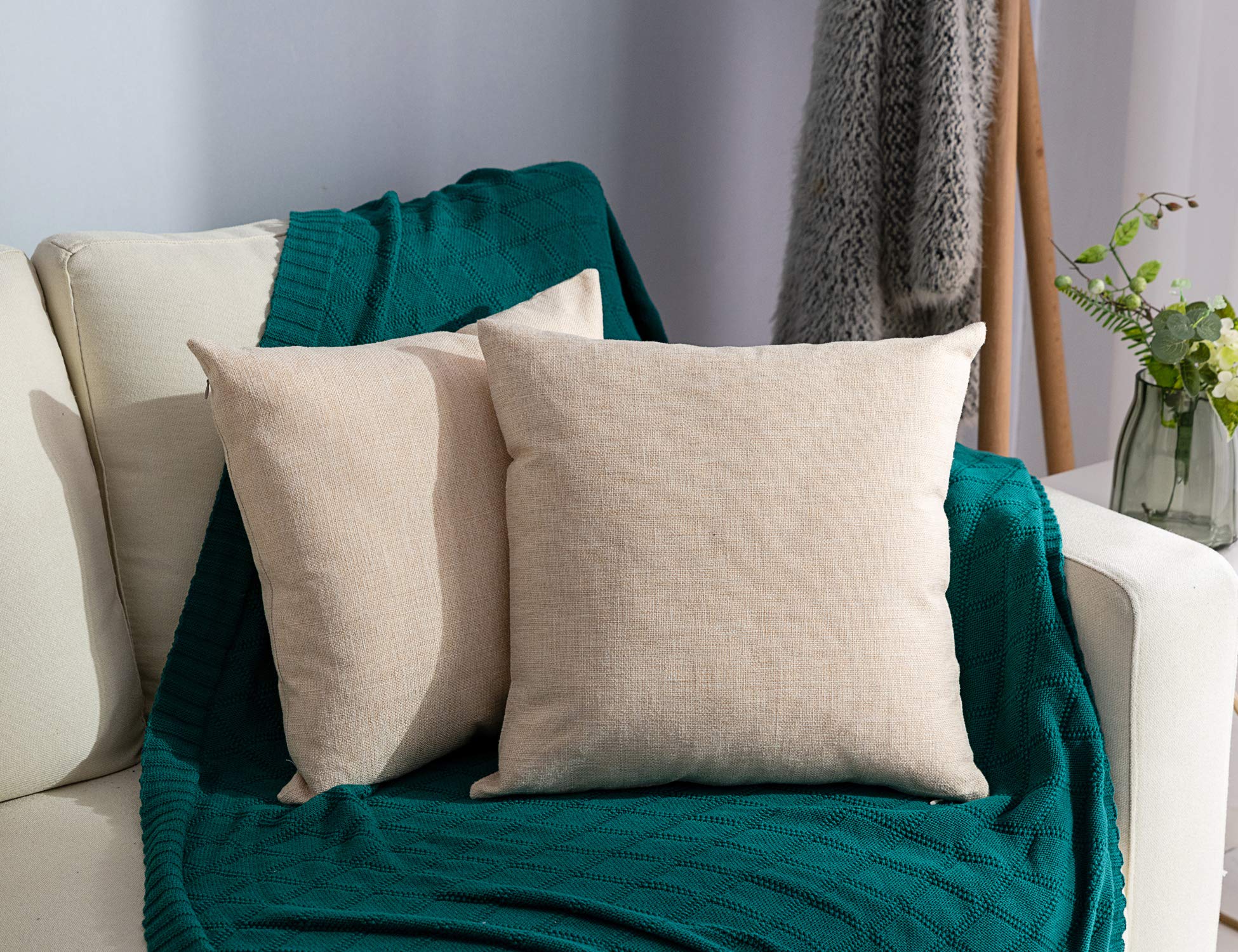 Stellhome Linen Throw Pillow Covers Square Solid Burlap Cushion Covers for Bed Couch Sofa Bench, 24 x 24 inch (60 x 60 cm), Beig