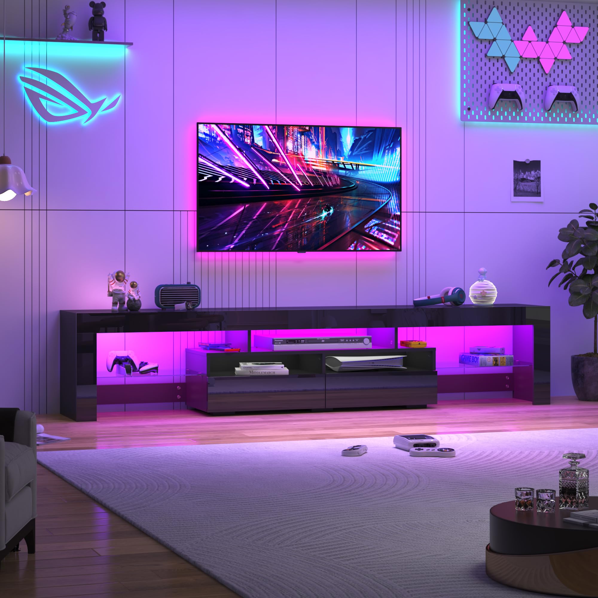 Uspeedy 86.6in TV Stands for 85/90/95 inch TV,Modern LED TV Stand for Living Room,Black TV Stands,High Gloss TV Entertainment Ce